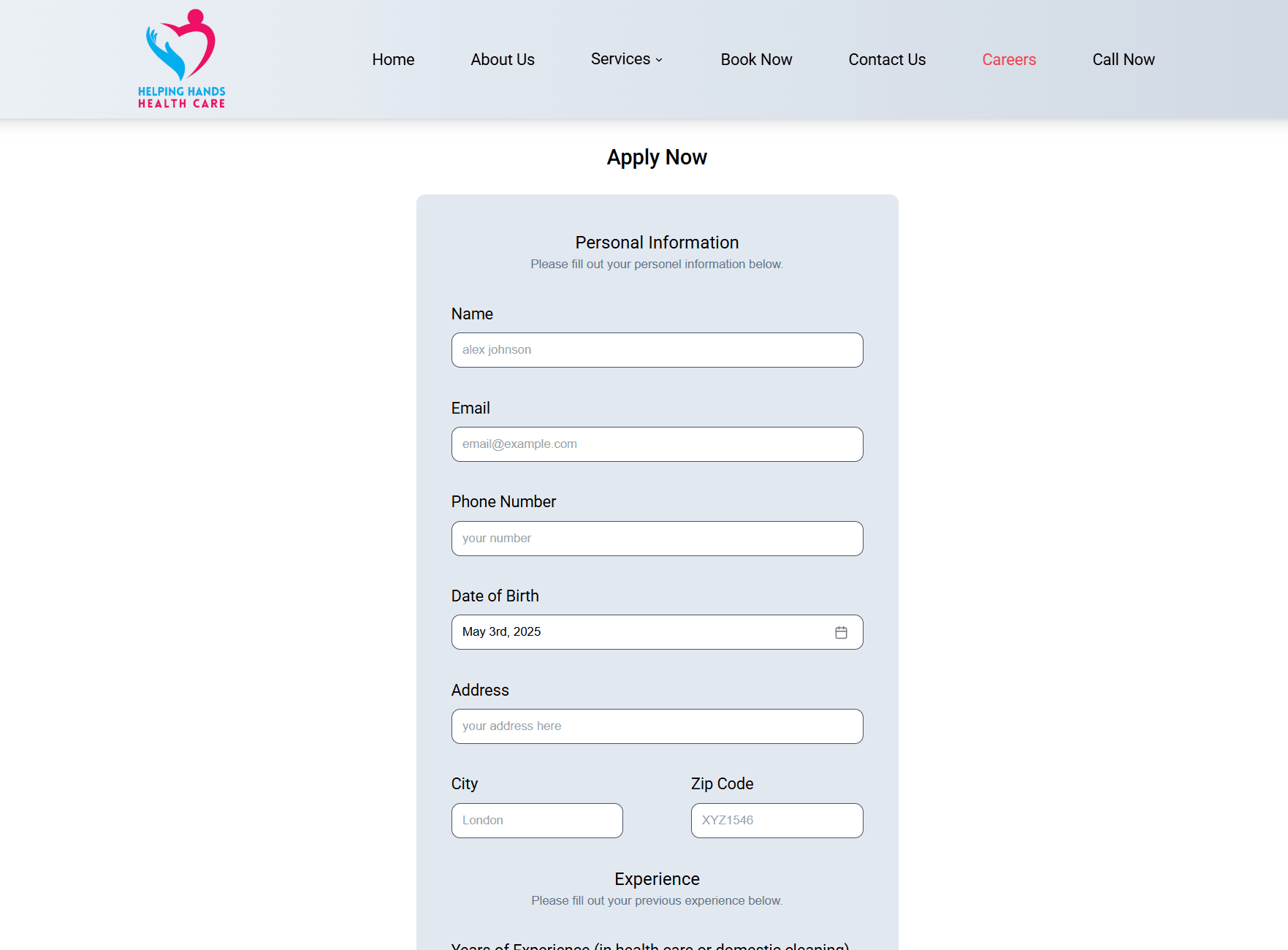 Job Application form - Copyright © 2025 - Helping Hands Health Care Ltd