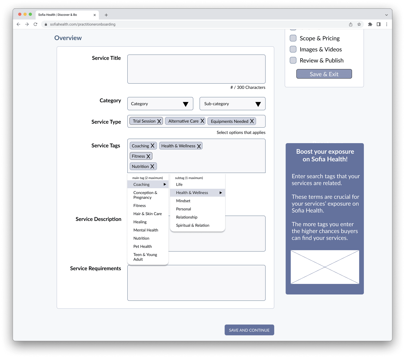 Wireframe of choosing tags for a service with suggested tags