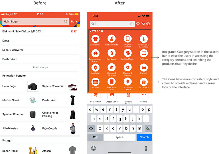Shopee's Category section before and after