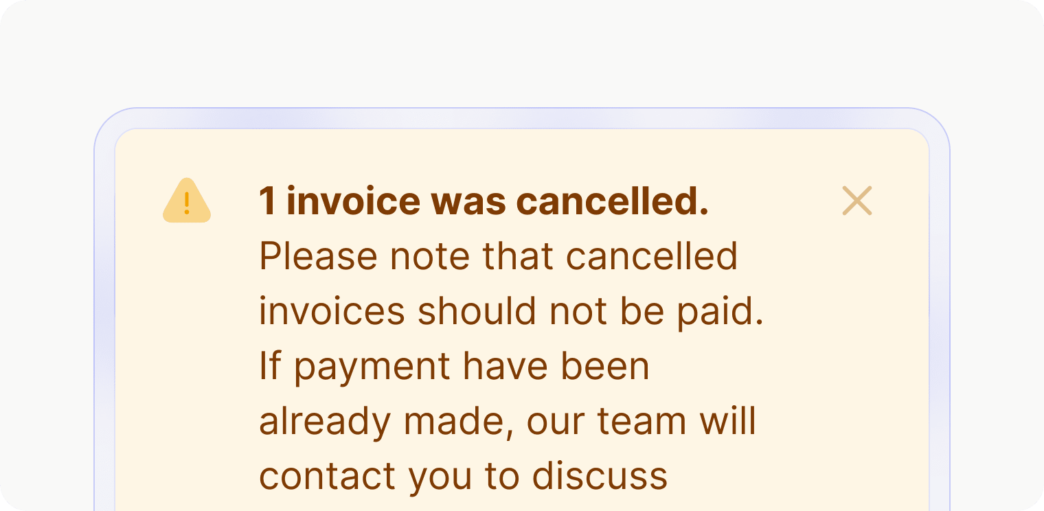Notifications about corrected and cancelled invoices: The info box notifies users about changes to invoices and provides instructions to avoid payment mistakes.