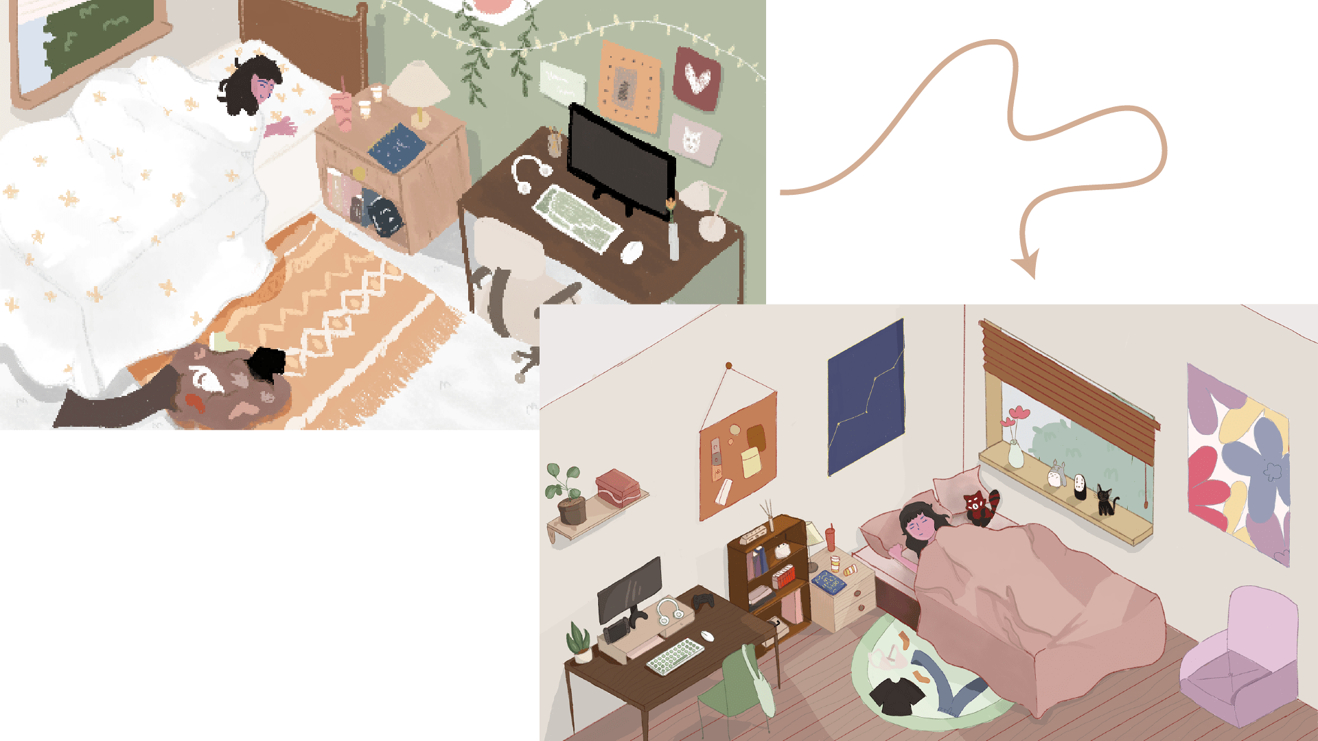Top Left: Original Room Design; Bottom Right: Updated Room Design
