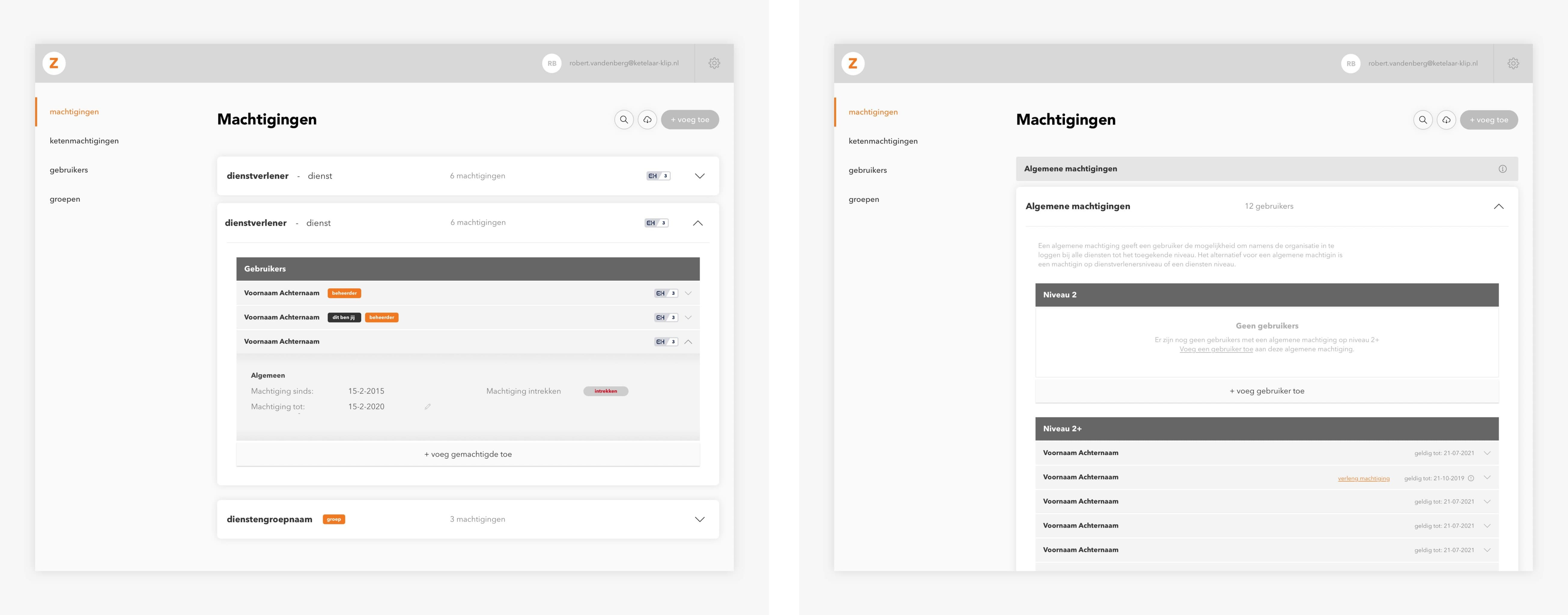 Left: The high-fidelity wireframe for the authorizations overview. / Right: The high-fidelity wireframe for the general authorizations.