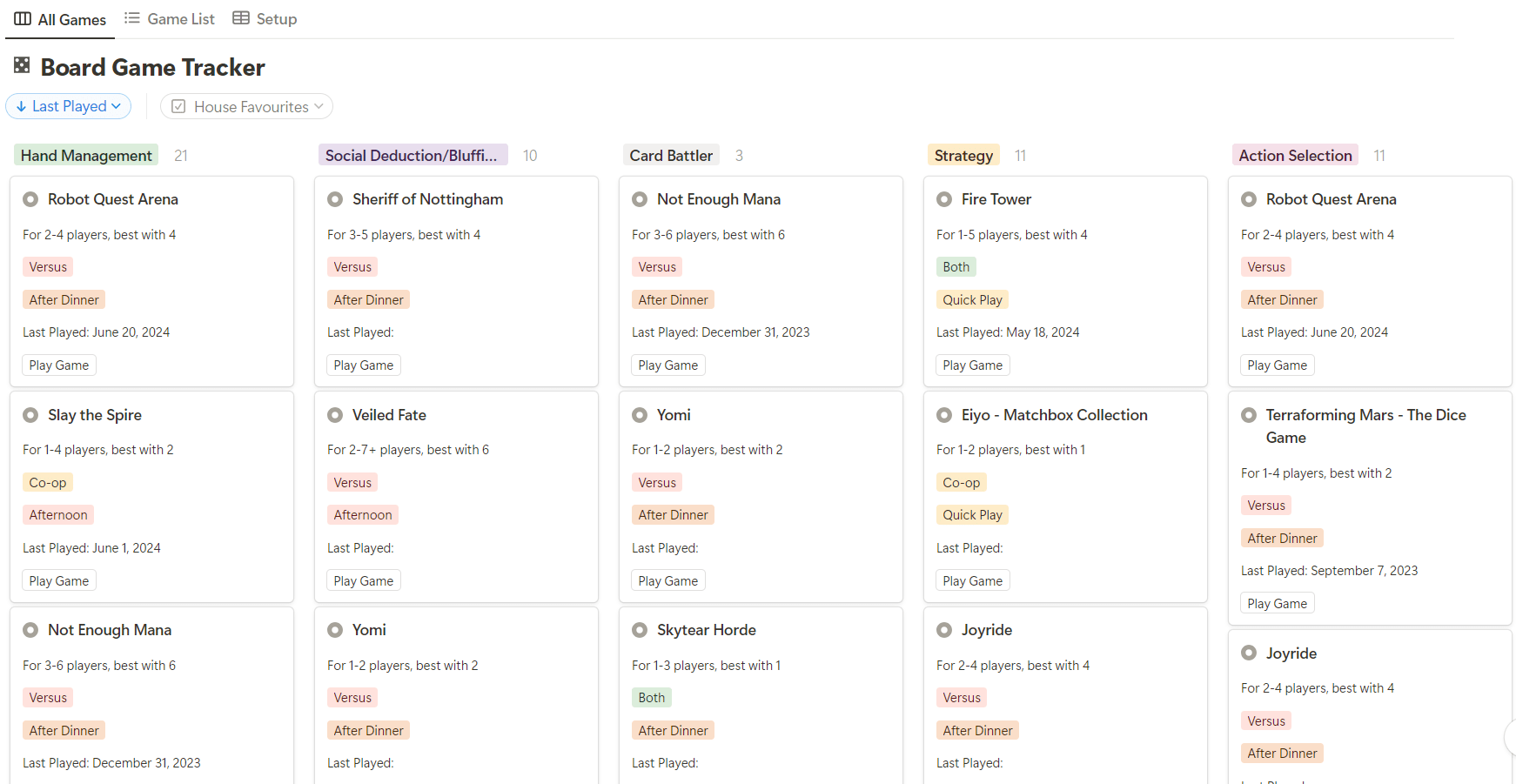 A game tracker sortable by play style, number of players, game length, etc. with automatic updating when played