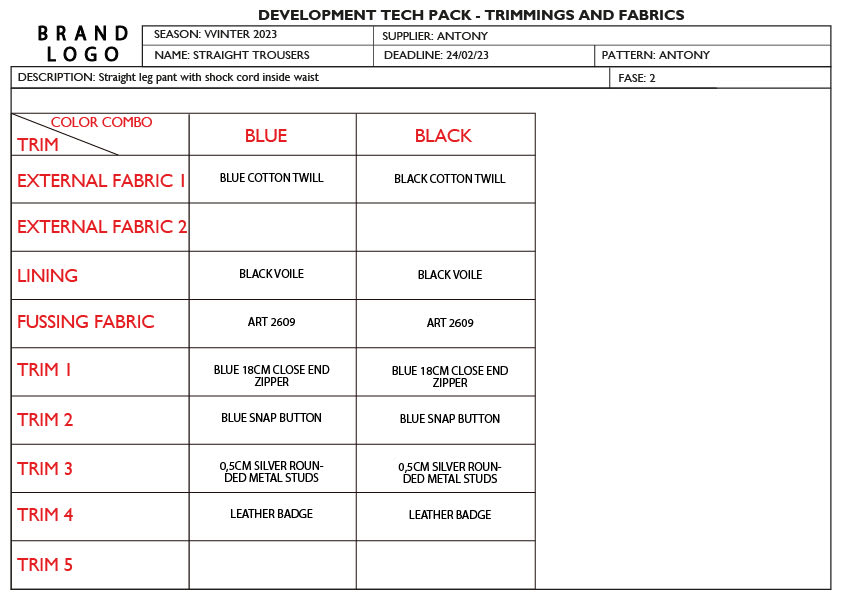 Fourth technical sheet: materials and trims needed in production depending on color combo
