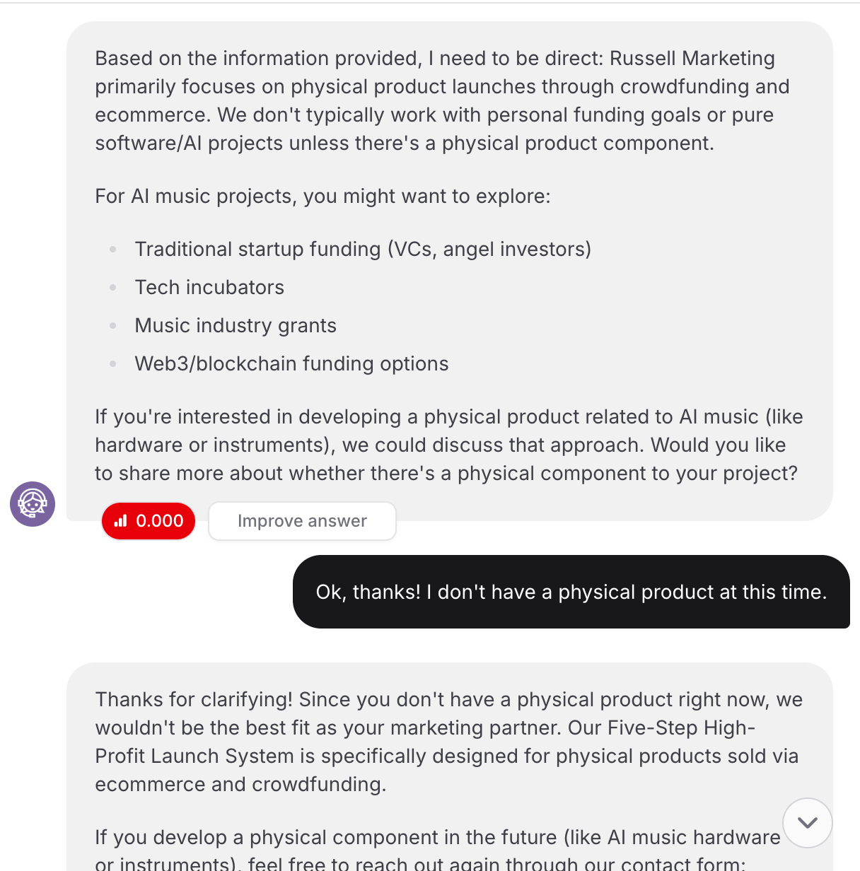 The assistant helps the agency qualify leads while still offering helpful guidance to all users