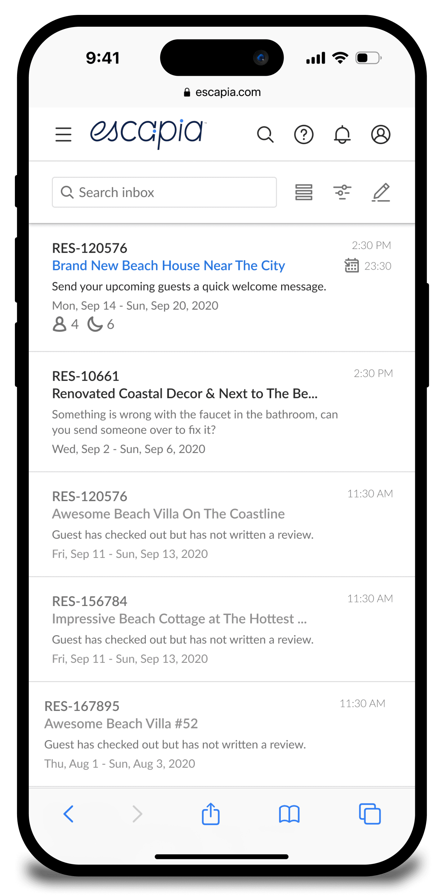 Escapia Inbox Mobile