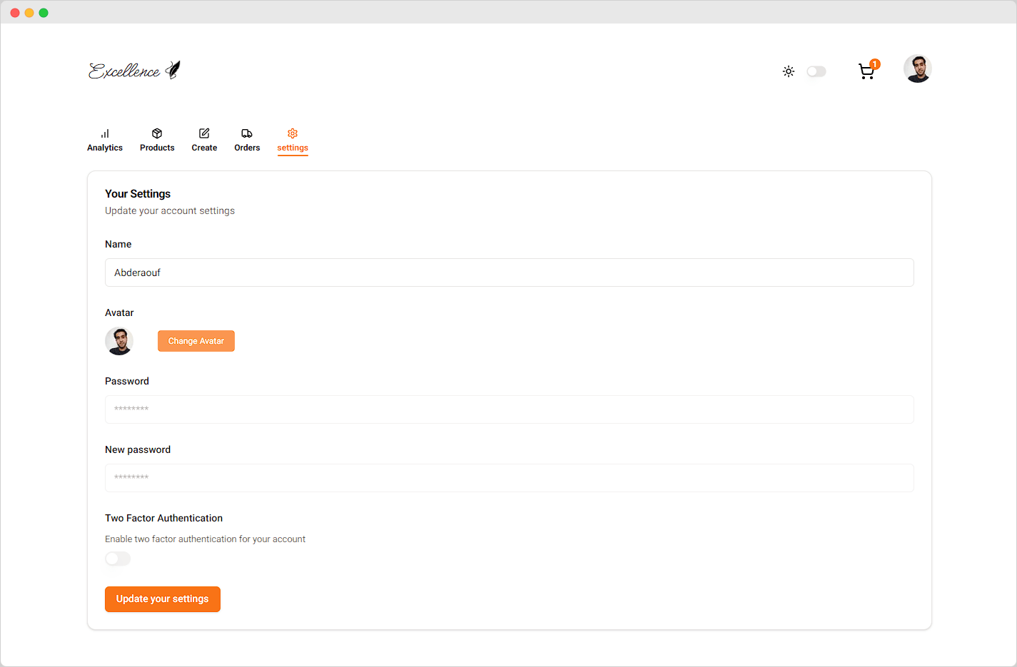 Settings page