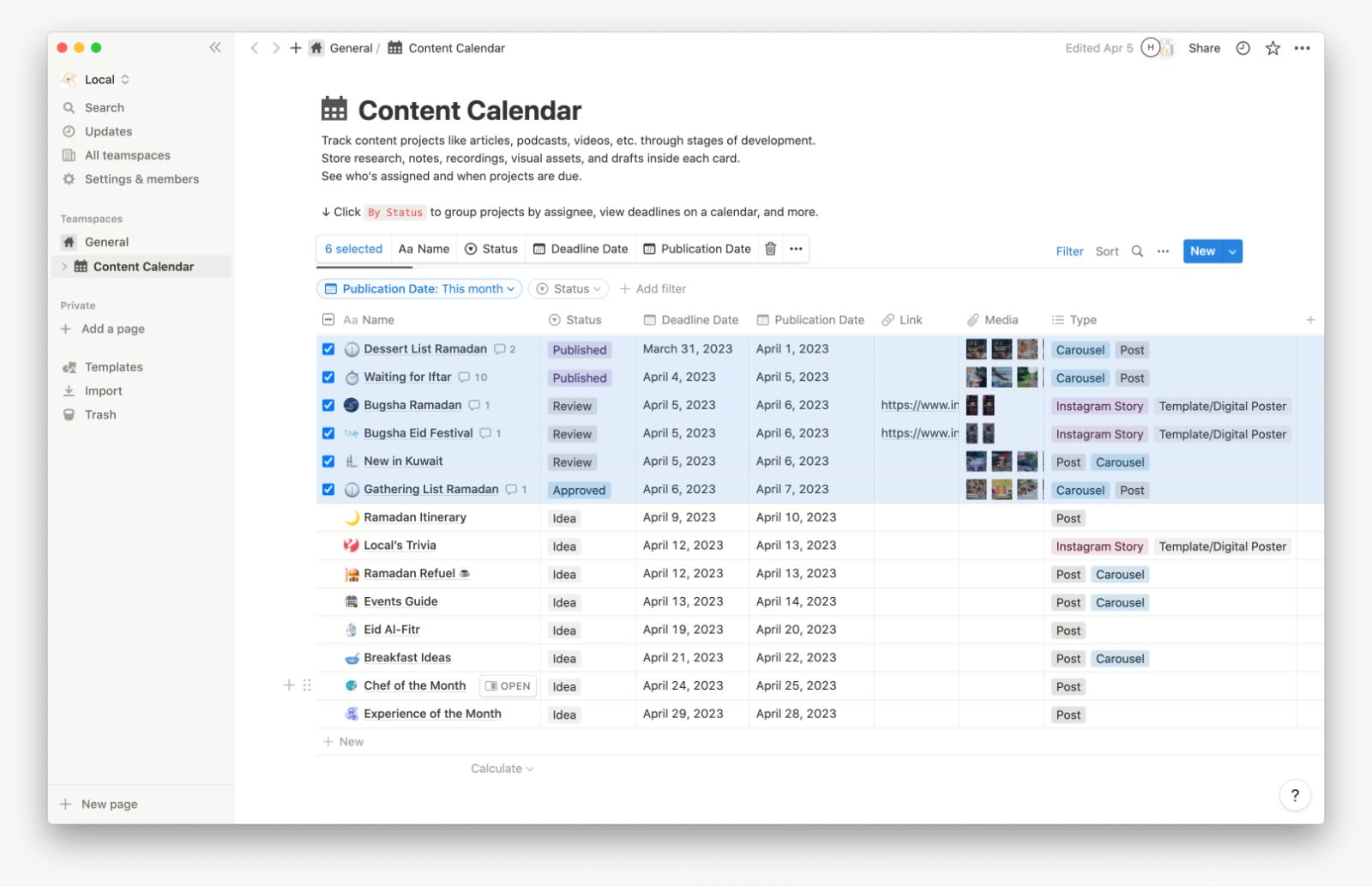 (Research and Discovery/Content Creation) Content Calendar on Notion shared with the client.
