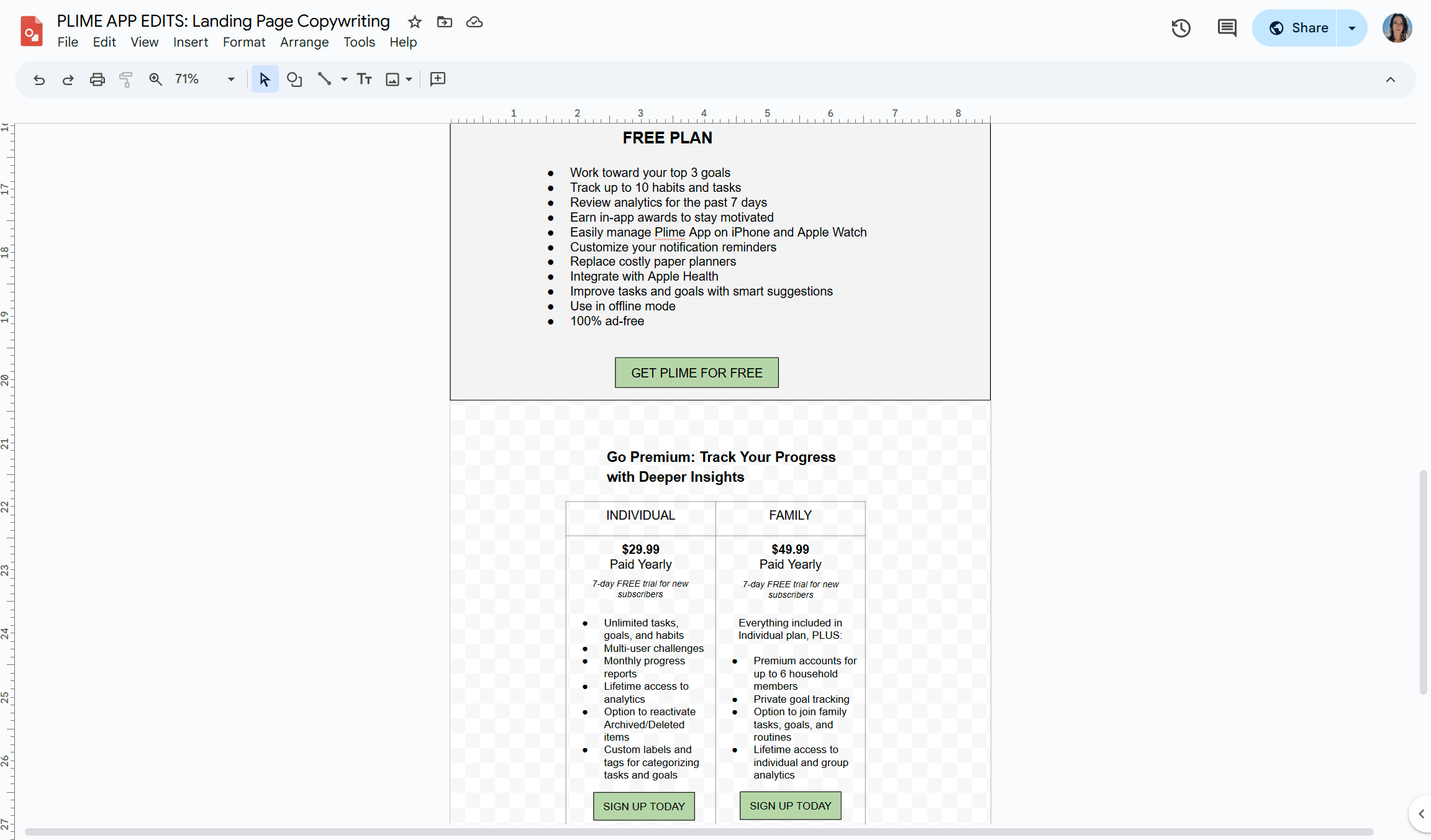 Wireframe of Free Plan features vs. Premium options.