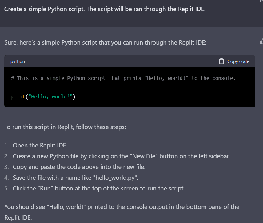 Chat GPT creates a simple python script after running the prompt.