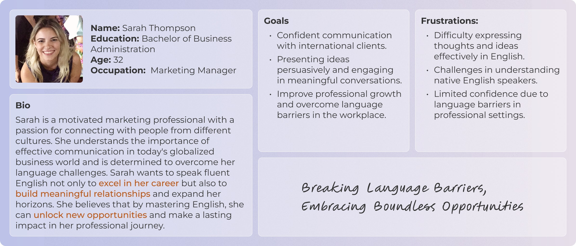 Sarah Thompson is an ambitious marketer who needs to improve her English fluency to effectively communicate with international clients and advance her career.