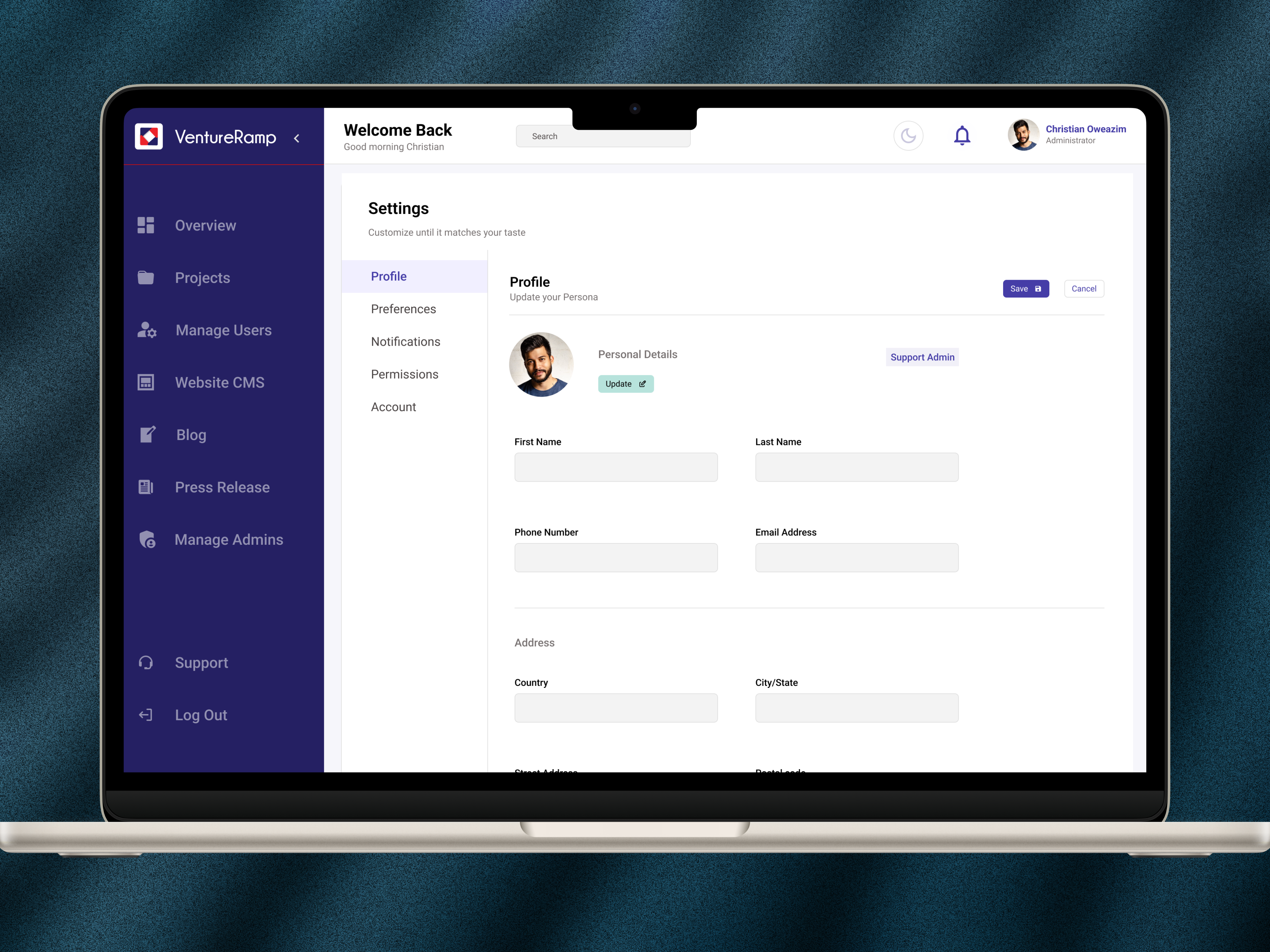 Settings page