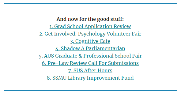 A Table of Contents with anchor links to events and opportunities features in the listserv.