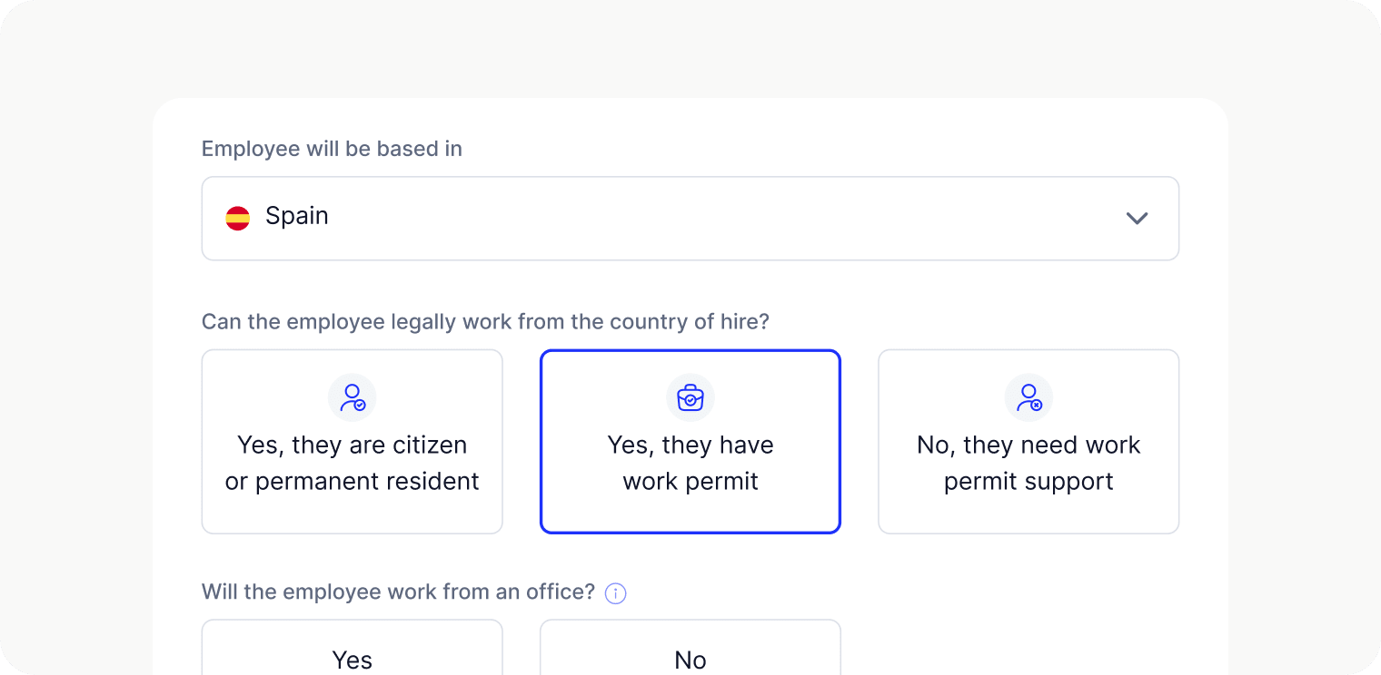 Built-in global compliance rules: The form is adjusted based on the selected country to get all the necessary information for creating a job contract that is compliant with local regulations.