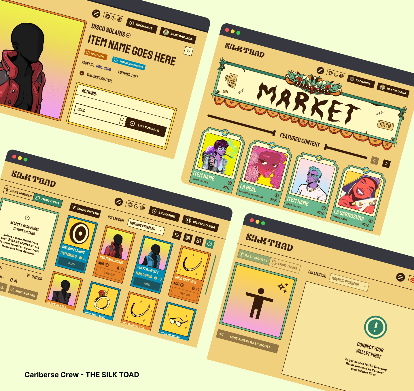 Screens for the View Item, Marketplace and Dressing Room core functionalities.