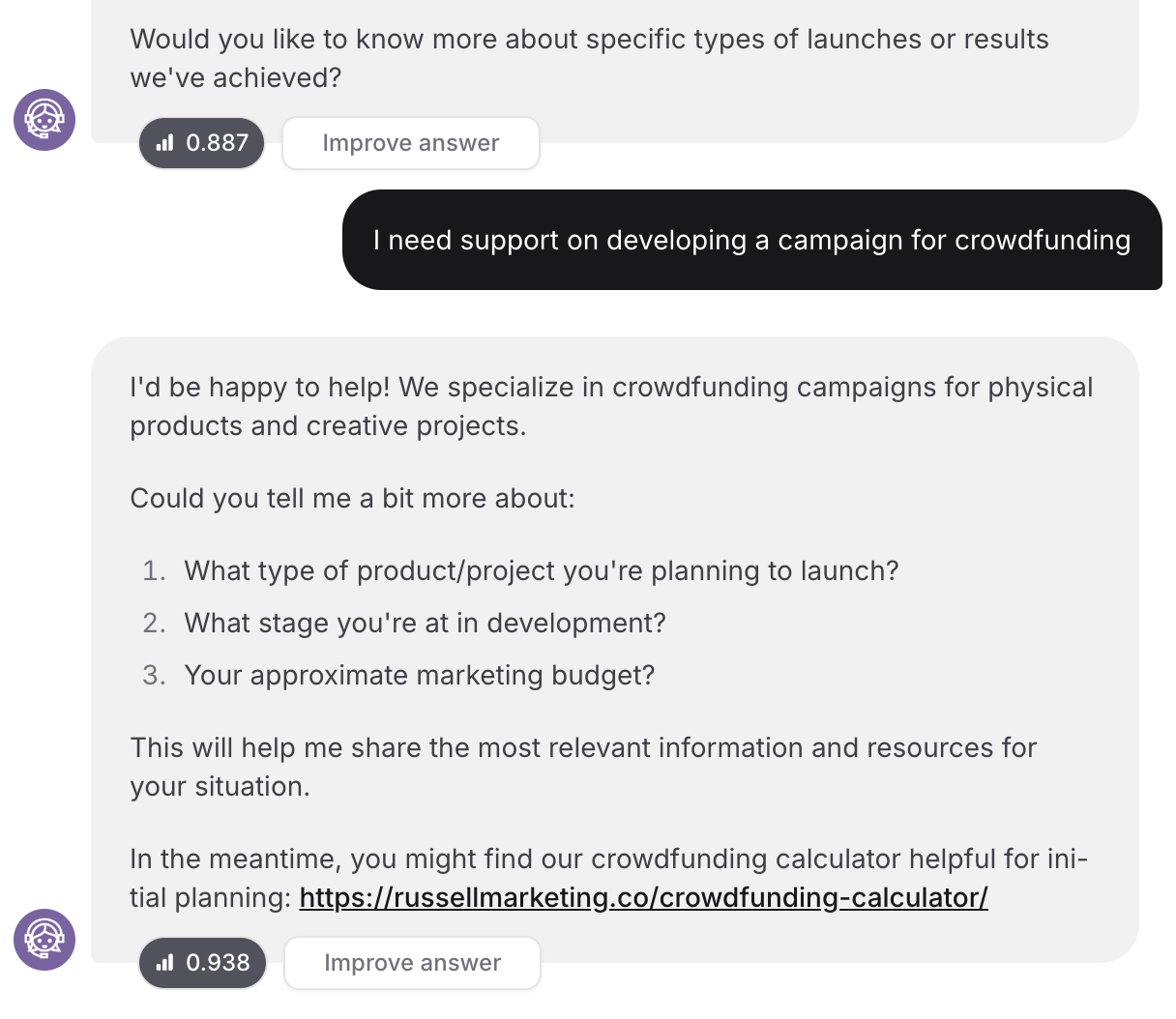 The assistant has been trained to request information from visitors to ensure relevant responses