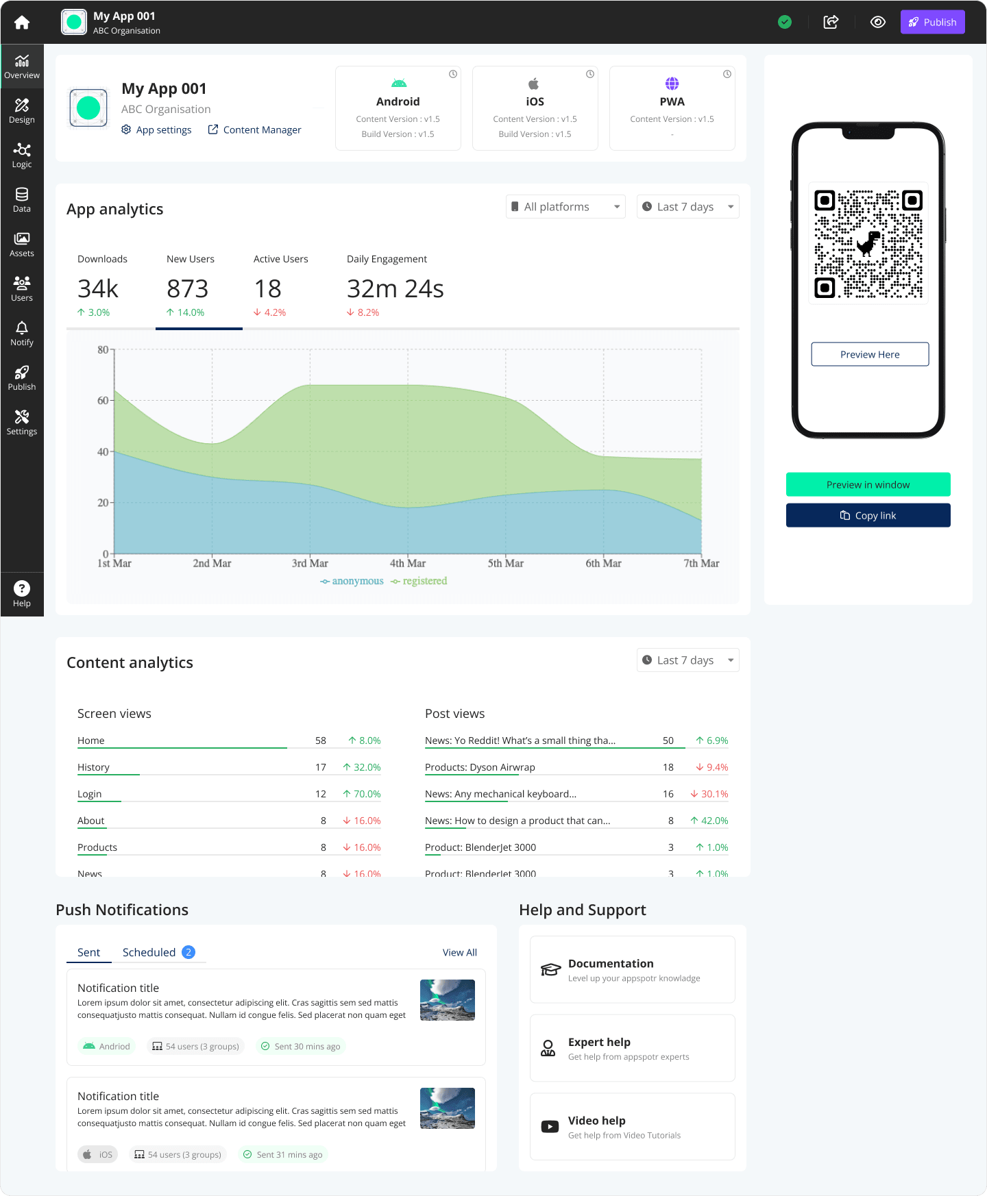 Finalized design for Appspotr’s App Dashboard