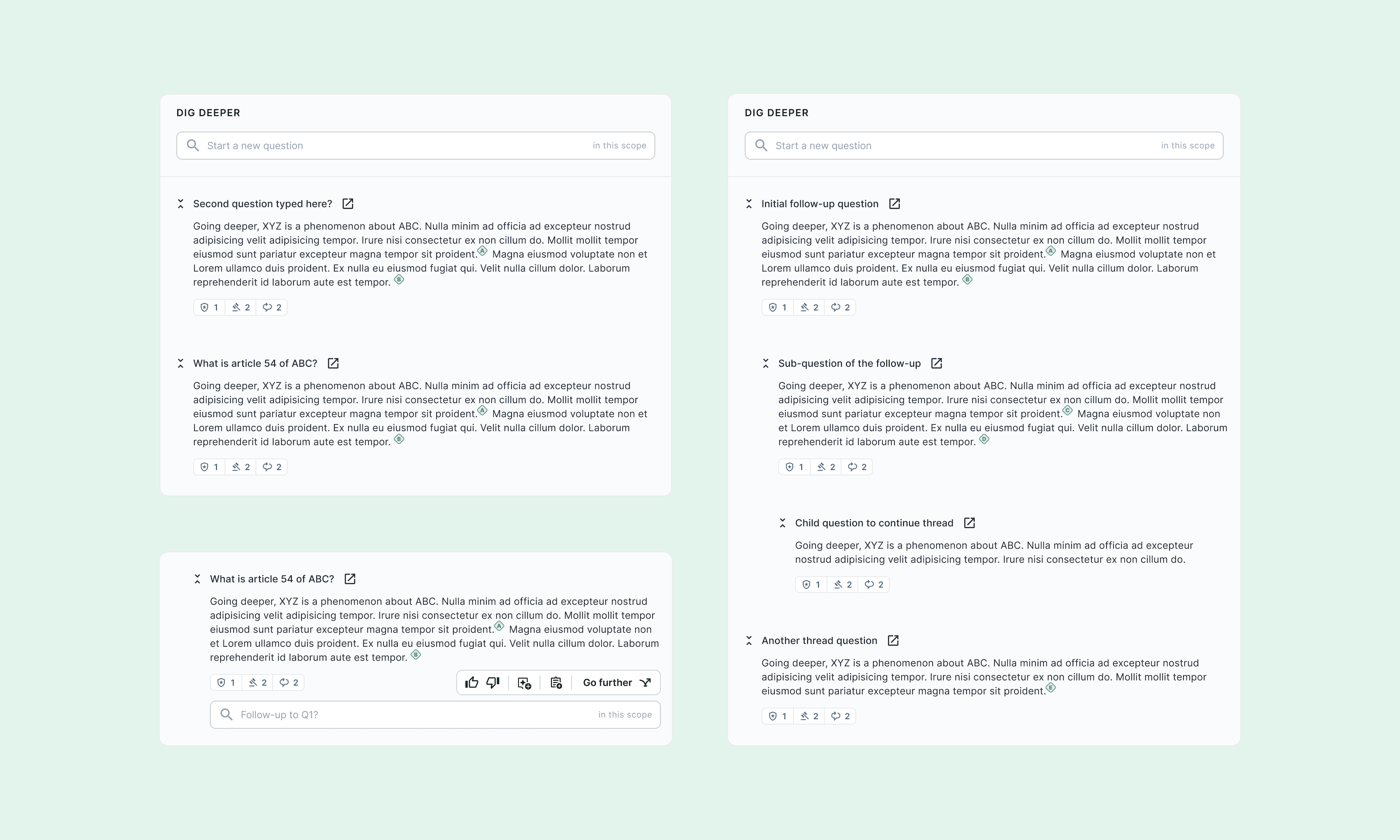 The questions can be threaded and collapsed. Reducing clutter was a big challenge, solved by adding buttons in the hover state.