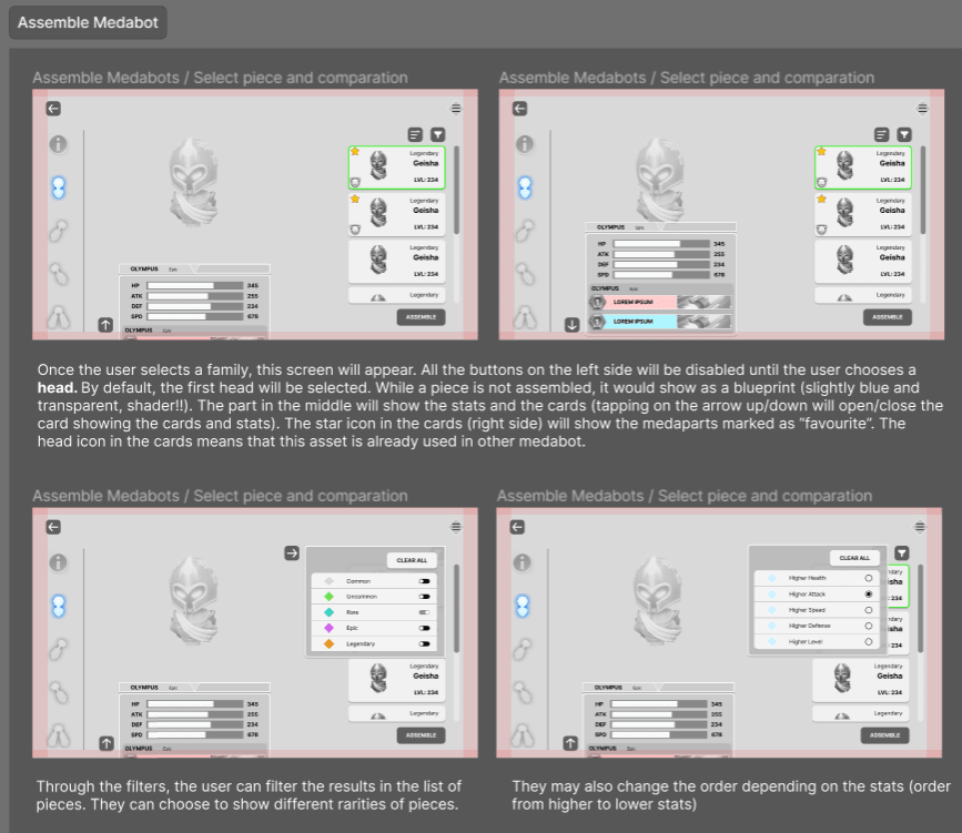 Sample of wireframes made for the renewal of some of the game features