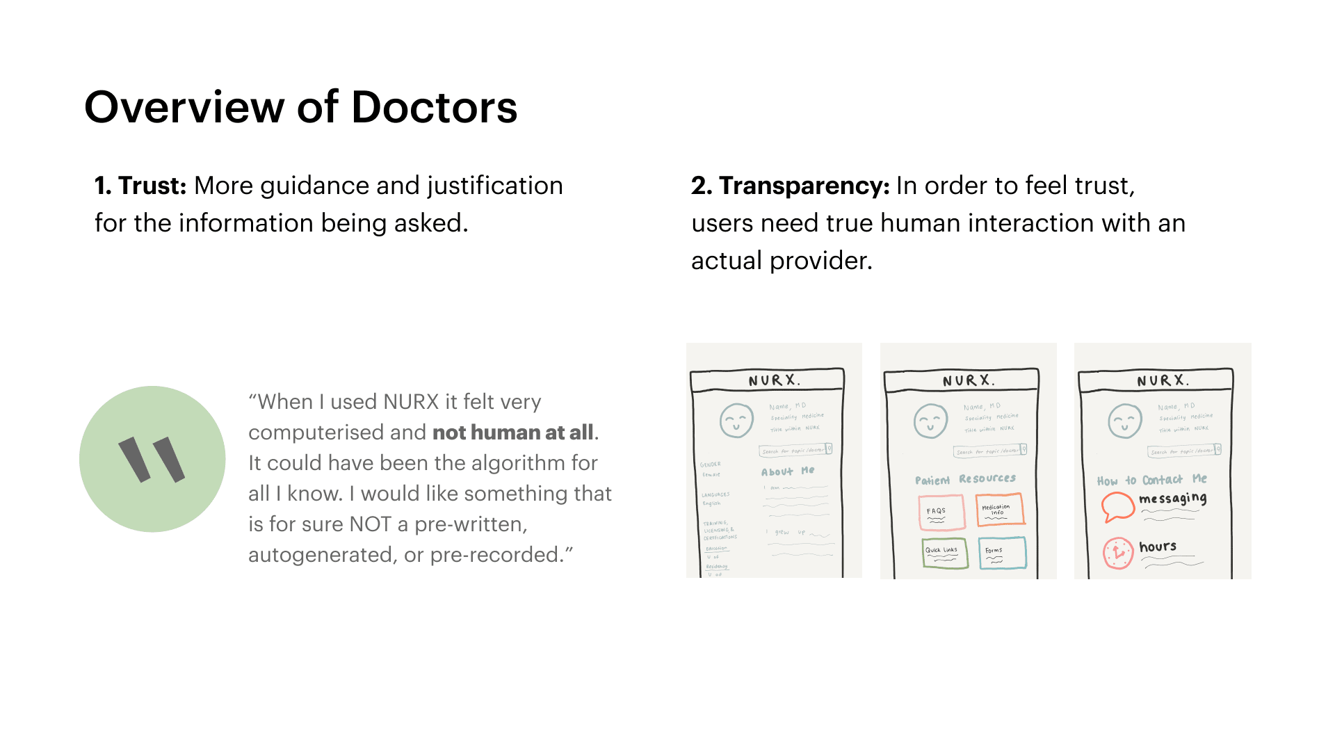 In order to build trust among users and present credibility, this idea provides an overview of potential doctors the user can be paired with along with their background (title, accreditation, specialization, etc.)