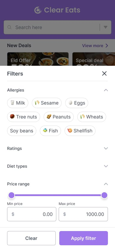 Customers are able to filter out the menu items based upon their selected allergens, diet type.