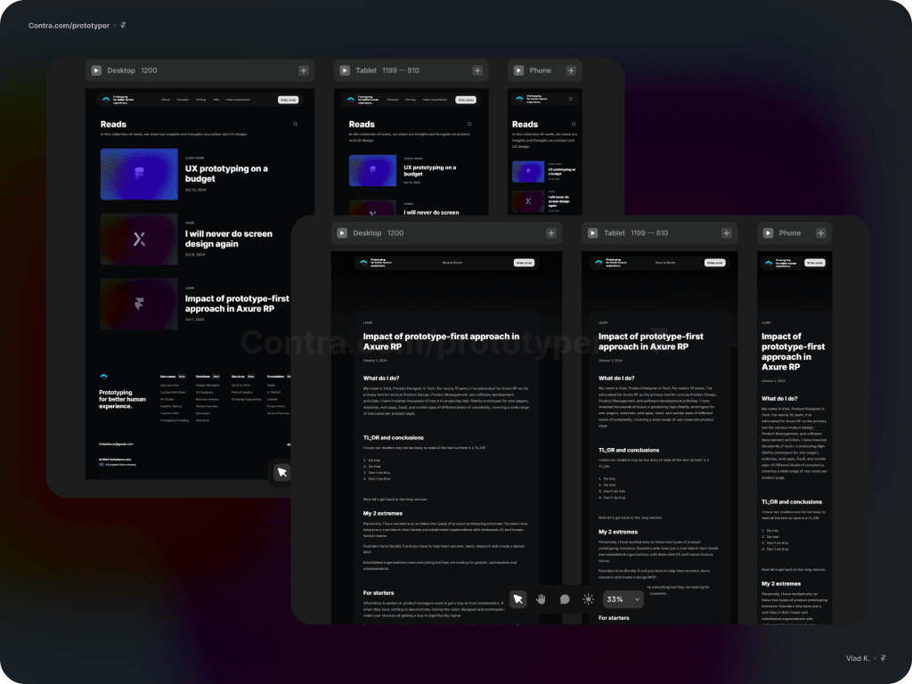 Blog and a single article view optimized for desktop, tablet, and mobile views.