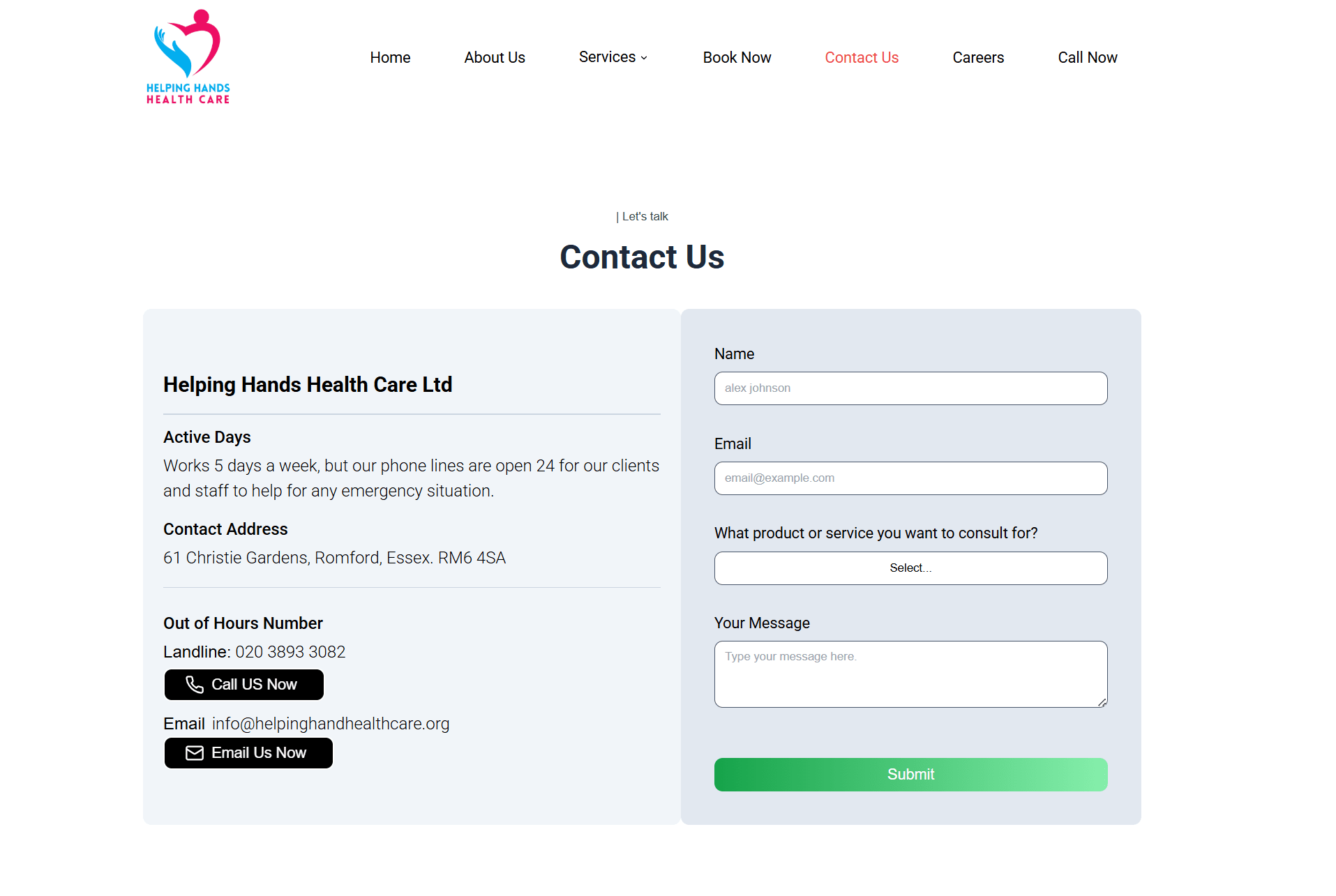 Contact Us Page - Copyright © 2025 - Helping Hands Health Care Ltd