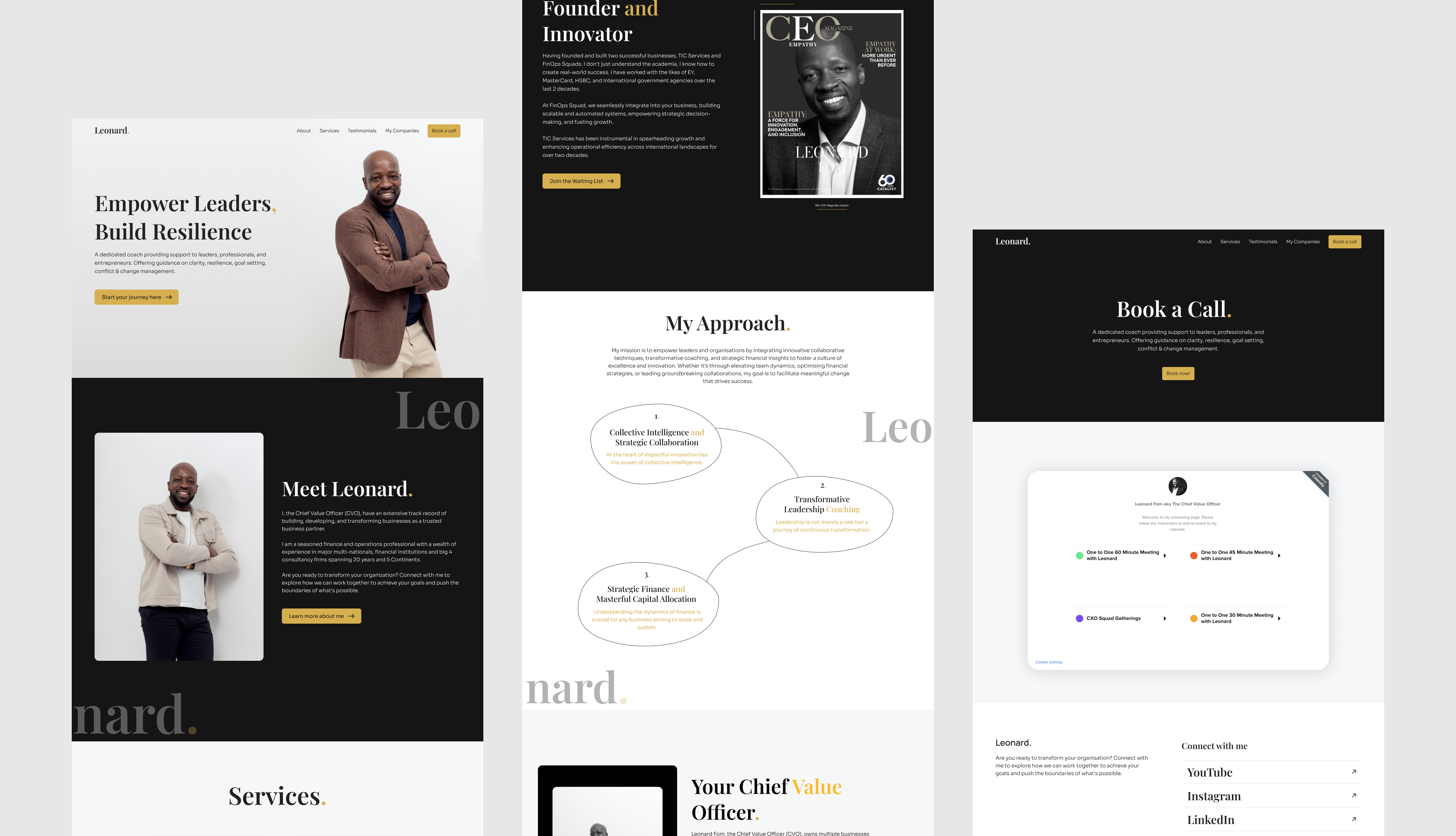 Various pages of the website
