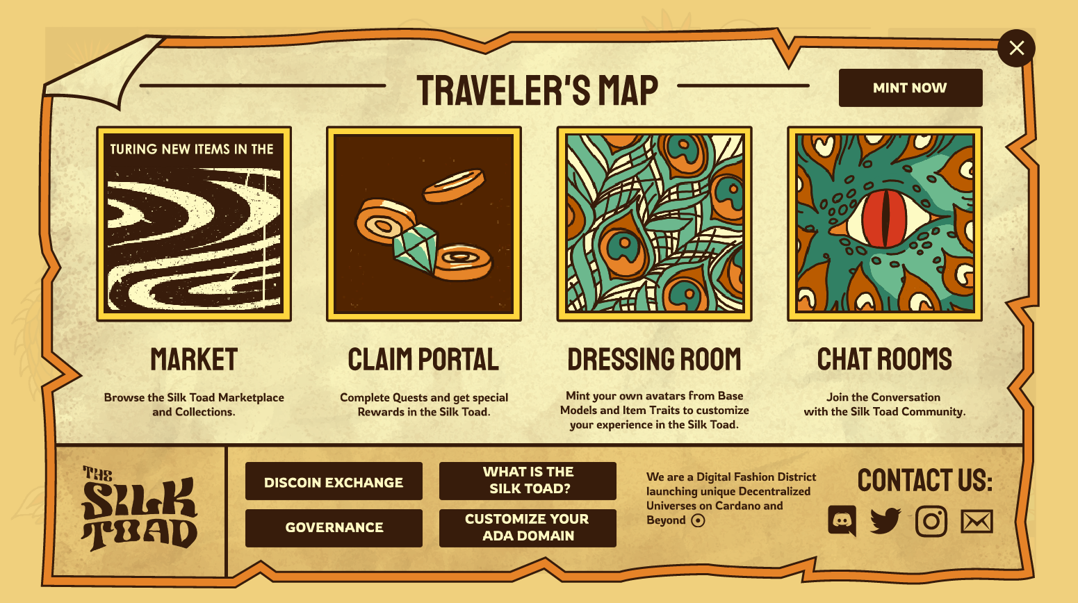 To follow the storytelling experience direction and fantasy/magical elements, I designed the website's "Hamburger Menu" as a hand-drawn "Travelers Map" that opens when users click into its respective button, providing access to the the core functionality.