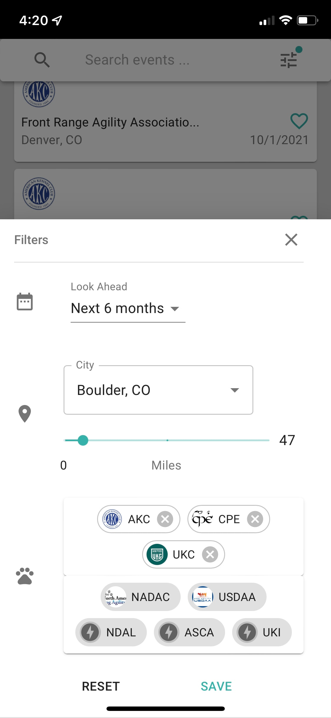 Geolocated sponsored event search - save filters