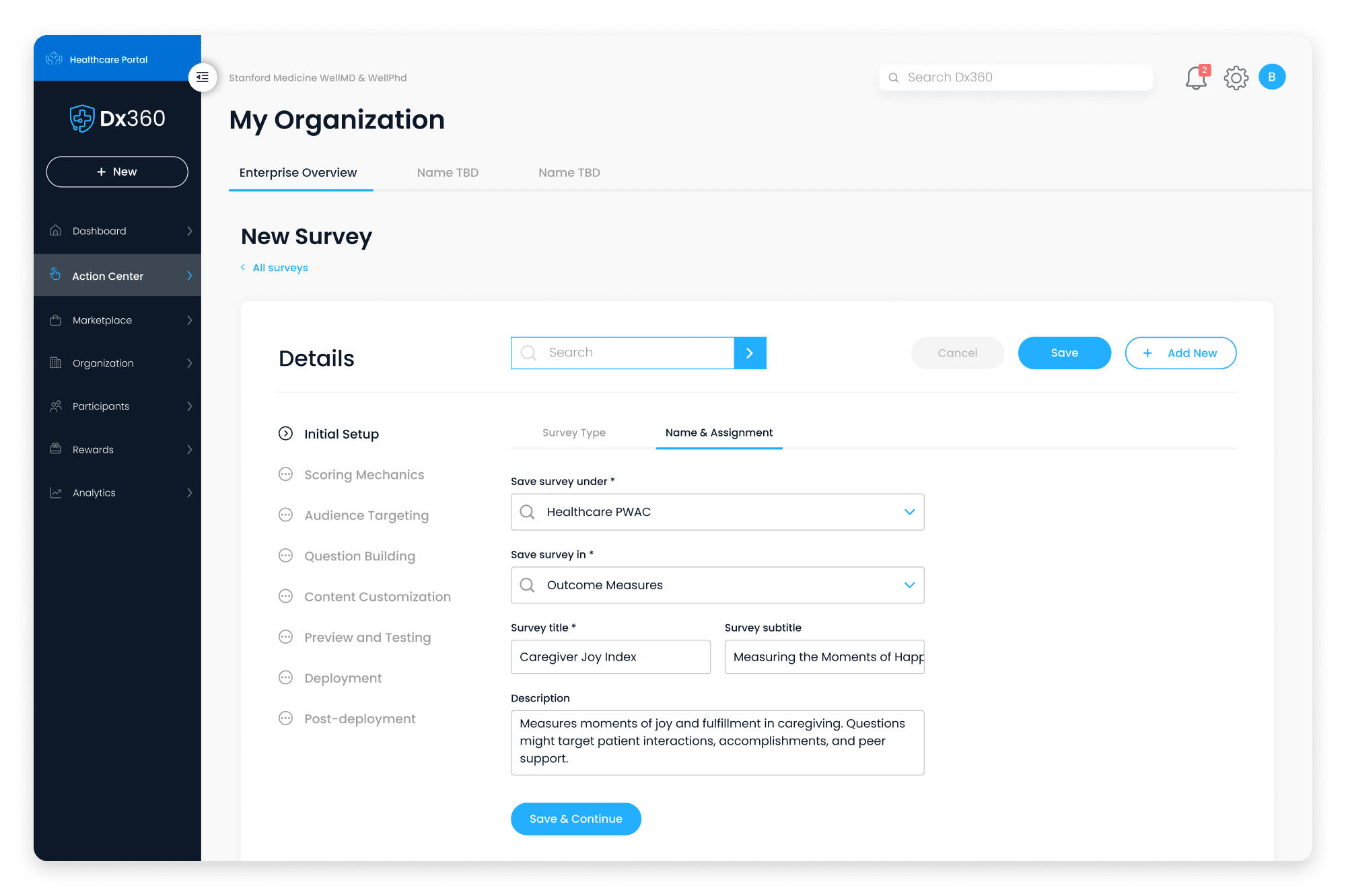 Enterprise Dashboard / Action Center - Create New Survey (initial setup - naming)