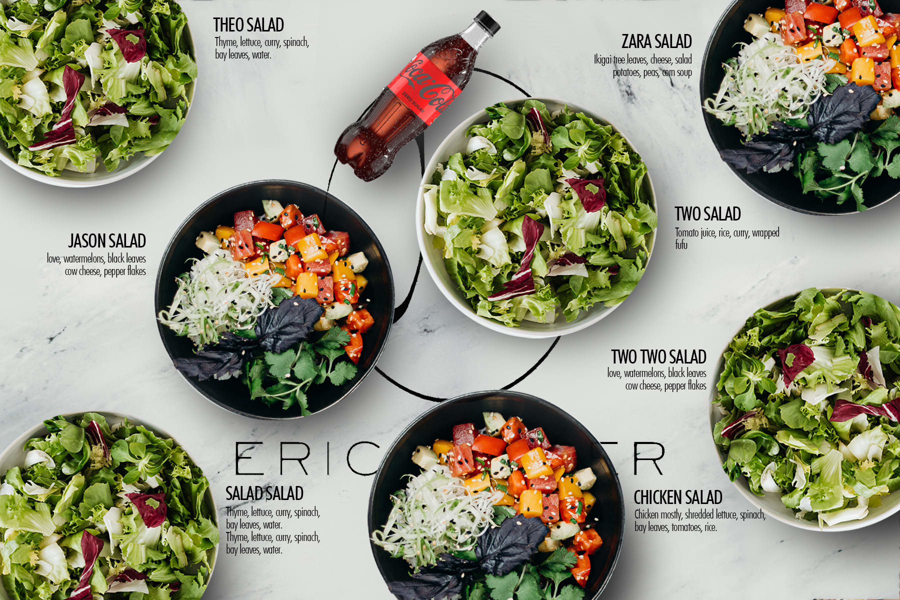 A mock up of a table setting showcasing the brands new salads, their name and what they contains.
