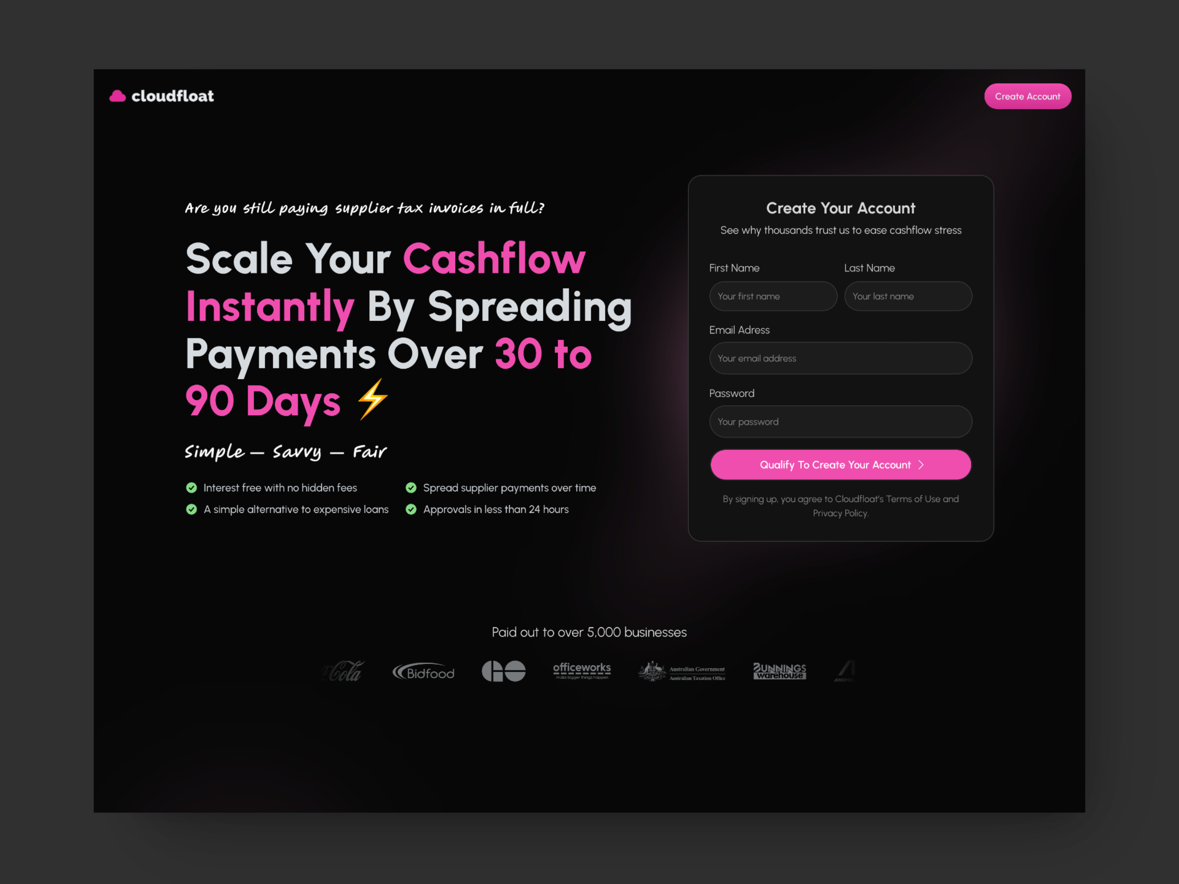 hero section of the Coudfloat campaign site