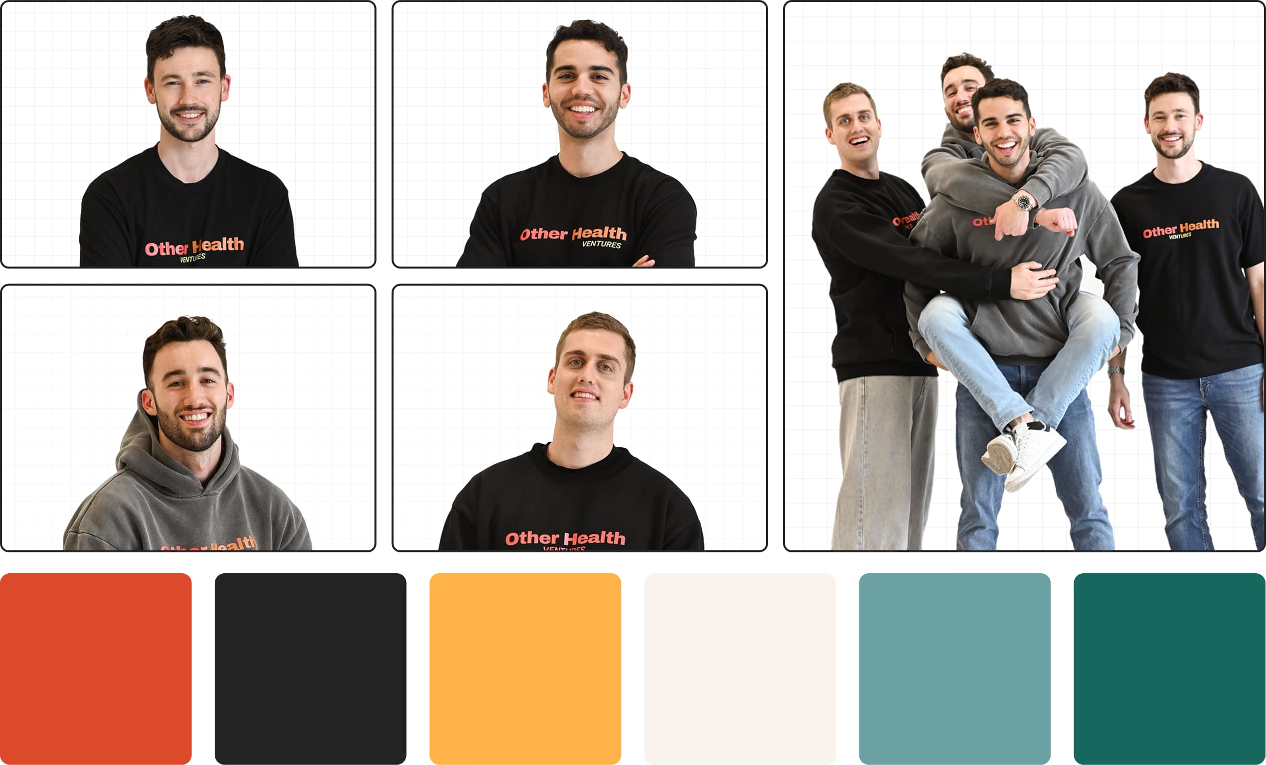 Custom team photography and a punchy color palette
