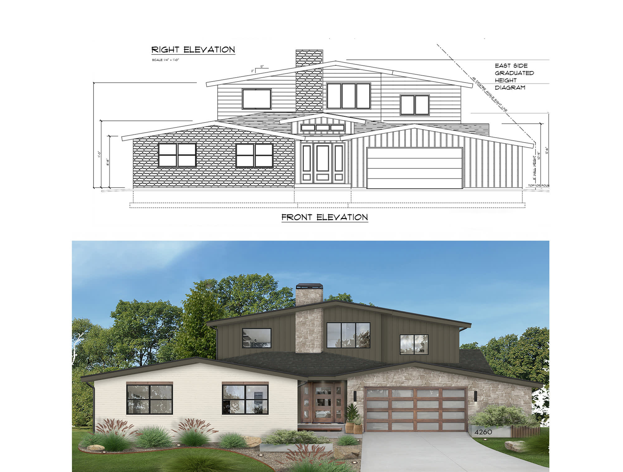 A client with a blueprint for their new home wanted to visualize the design and select materials in a mid-century modern (MCM) style. They aimed for clean lines, large windows, and a seamless connection to nature. The design incorporated a neutral color palette with pops of vibrant hues and natural materials, such as wood and stone, to enhance the MCM aesthetic. Thoughtful landscaping was also included to complement the architecture and improve curb appeal. The new home visualization provided a vivid picture of how their dream home would come to life, helping the client finalize their choices for a stylish and inviting space.

