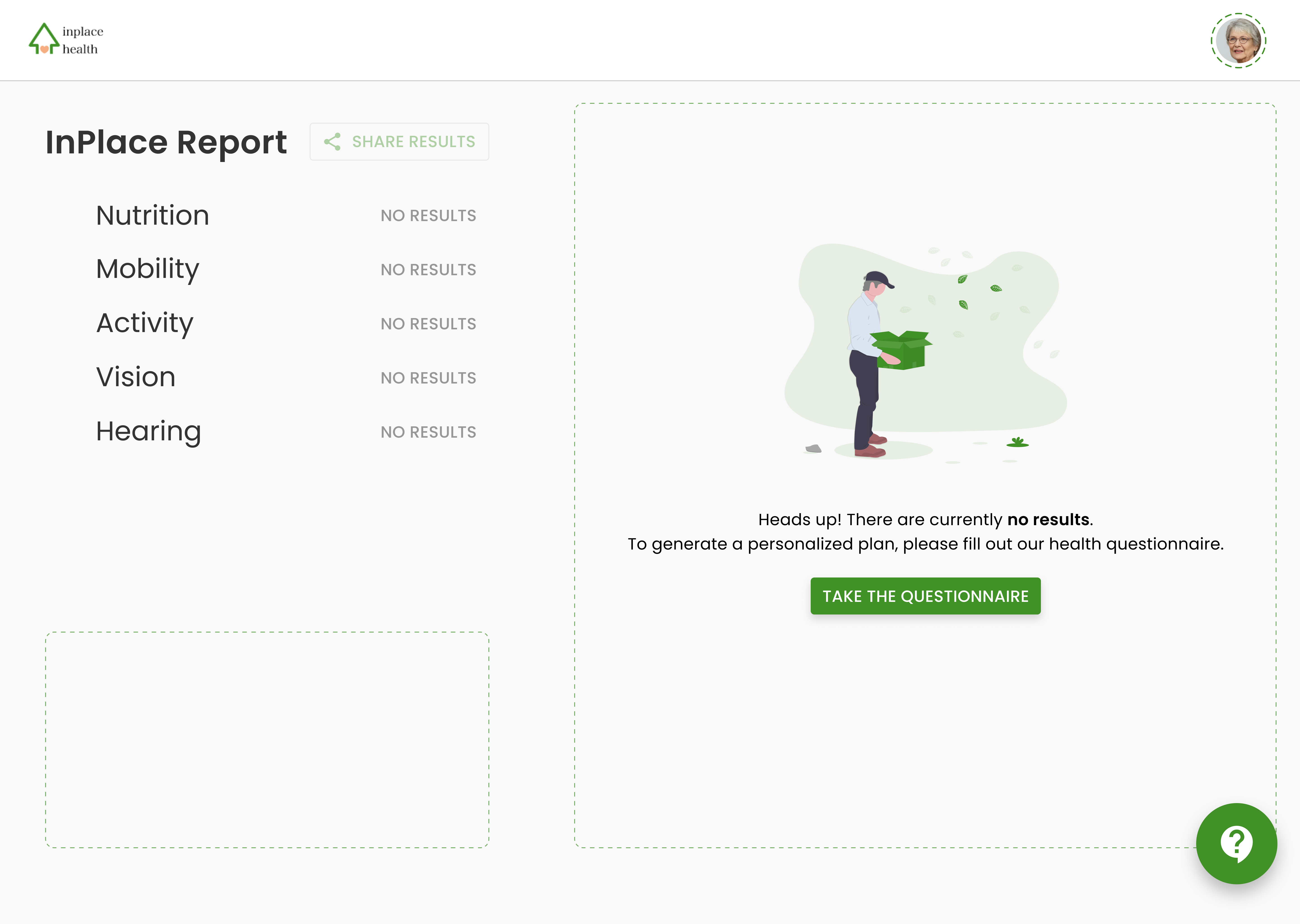 Empty screen/default page for a new user.
