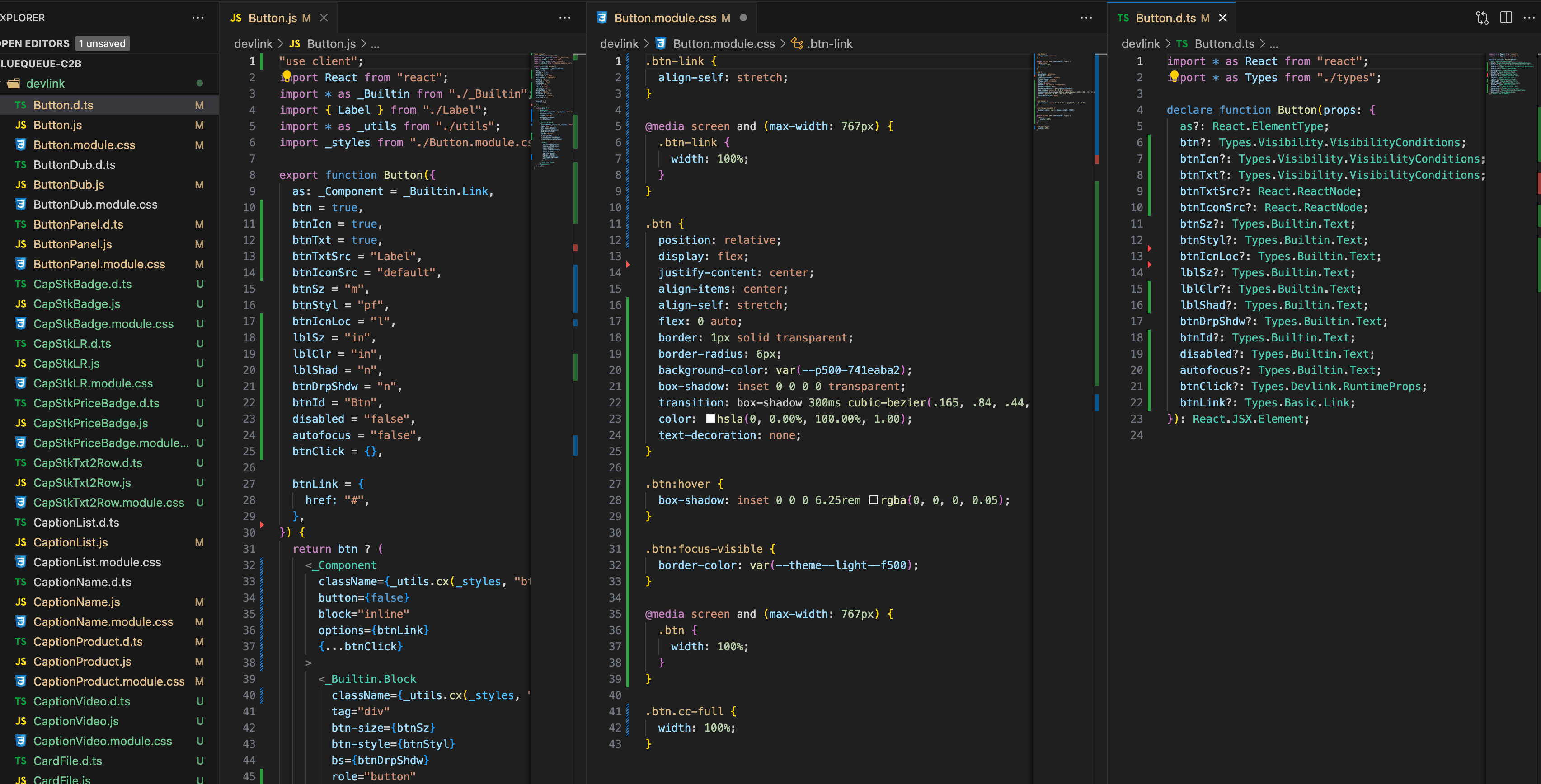 VS Code - Next.js "Button" component code