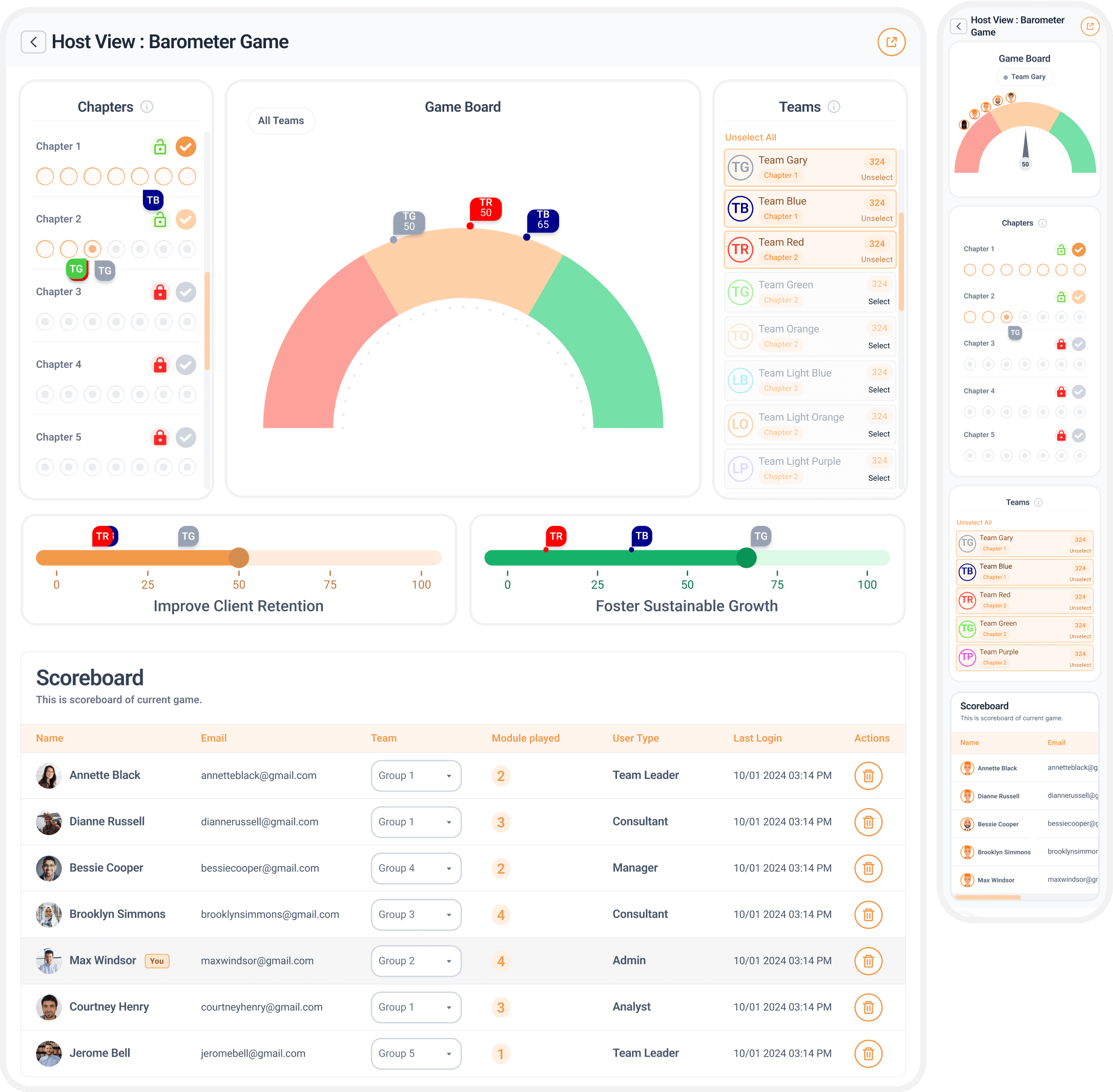 The Host View lets facilitators manage gameplay, track players, control chapters, and view scores. We simplified the design to make managing multiplayer games faster and easier.​