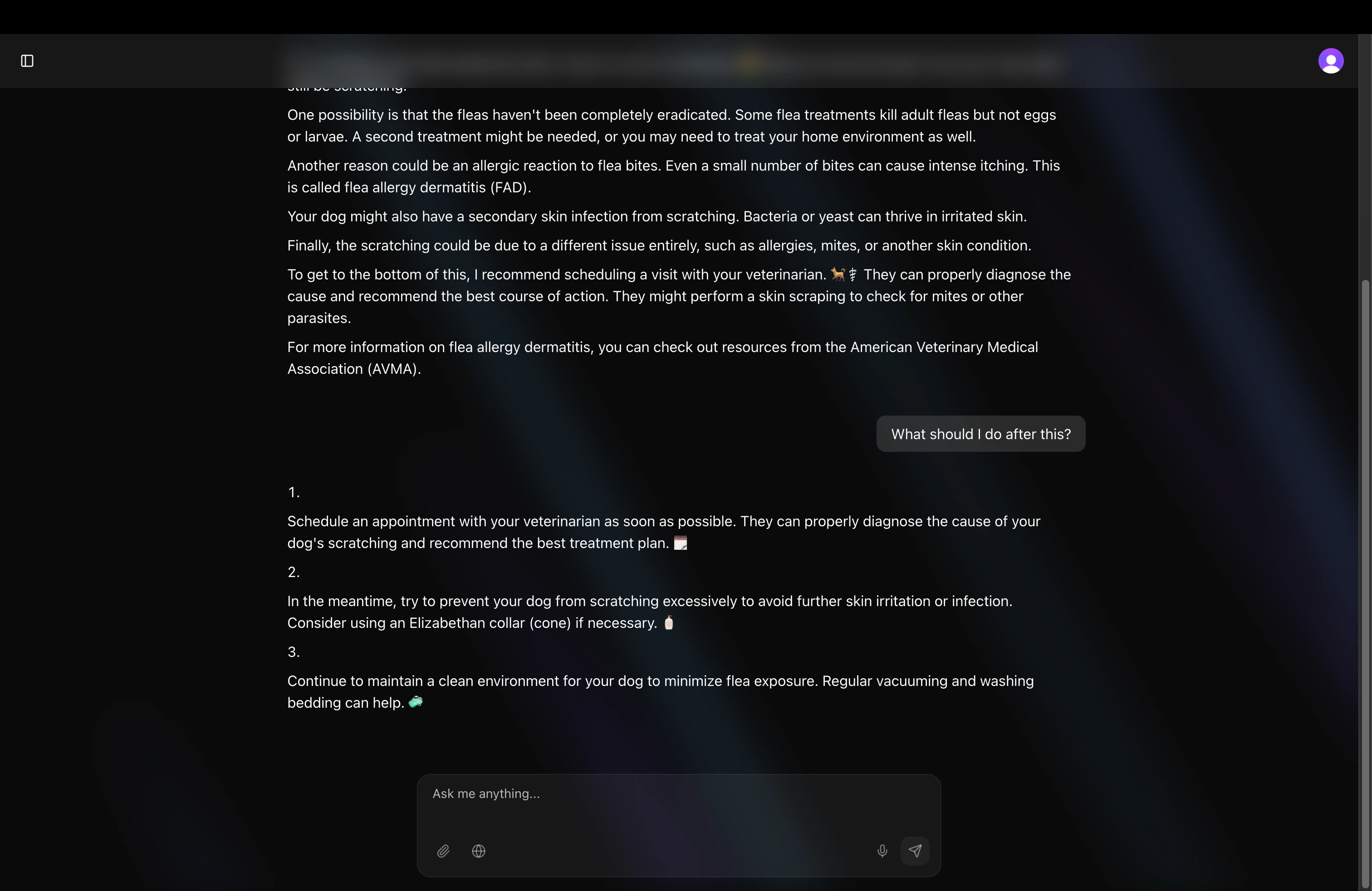 Detailed AI-generated diagnosis from Vet Pulse explaining causes of dog scratching, including treatment recommendations