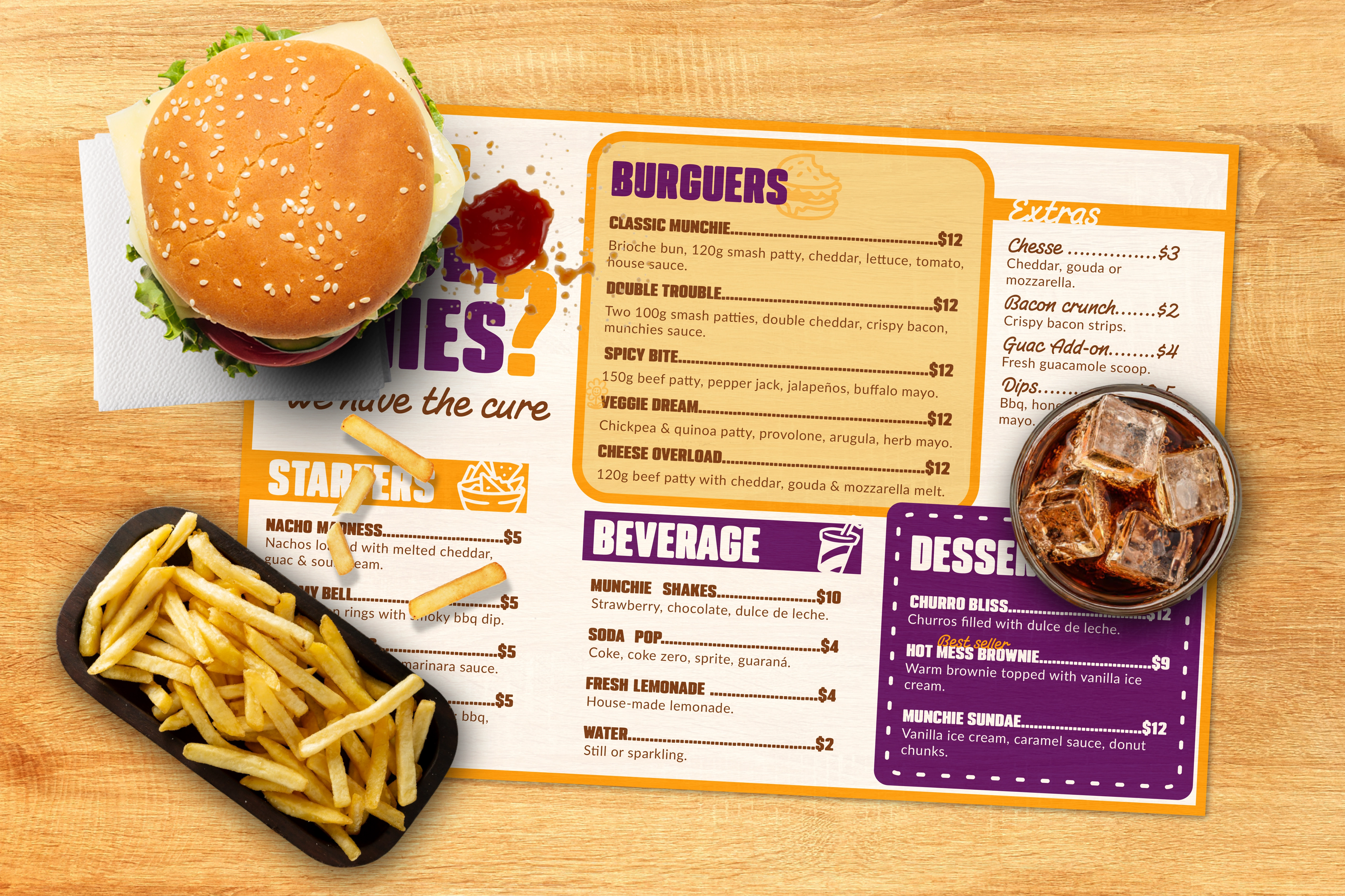 Munchies menu design: bold layouts and playful iconography highlight variety and flavor, creating a clear and engaging customer experience