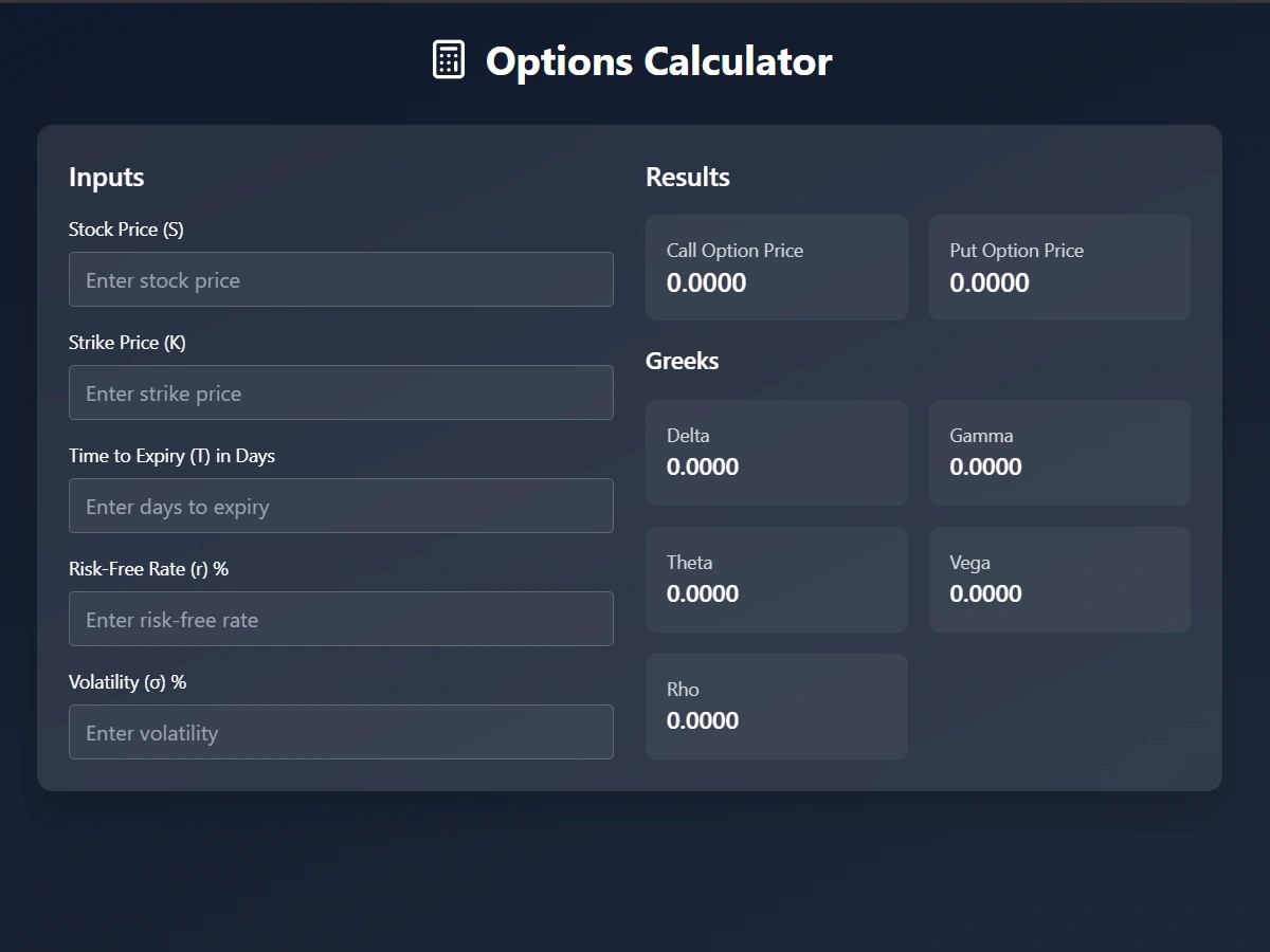 Options Calculator with Greeks