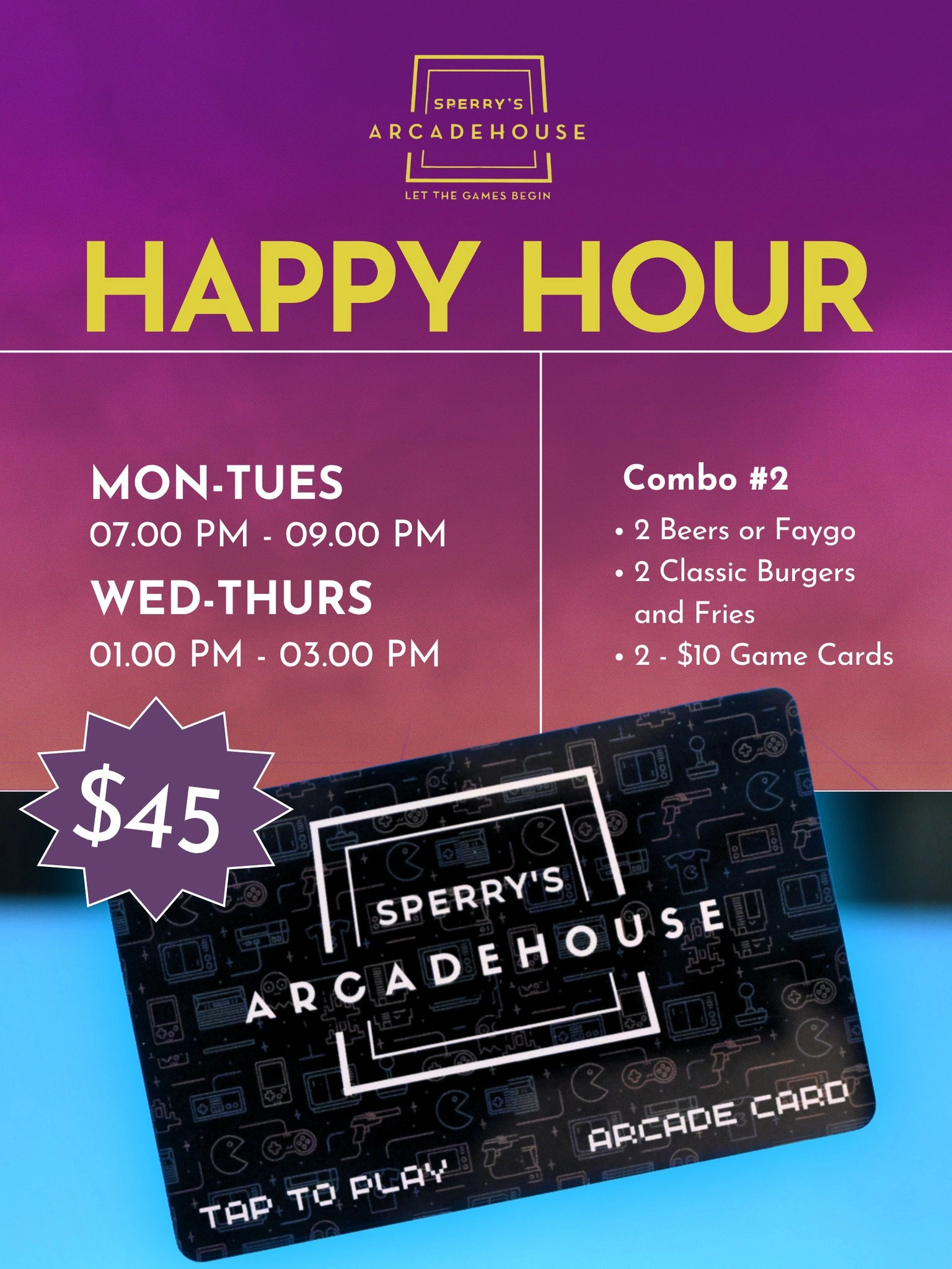 Arcadehouse Happy Hour flyer
Designed promotional collateral to drive Happy Hour sales with clear offers and bold visuals.