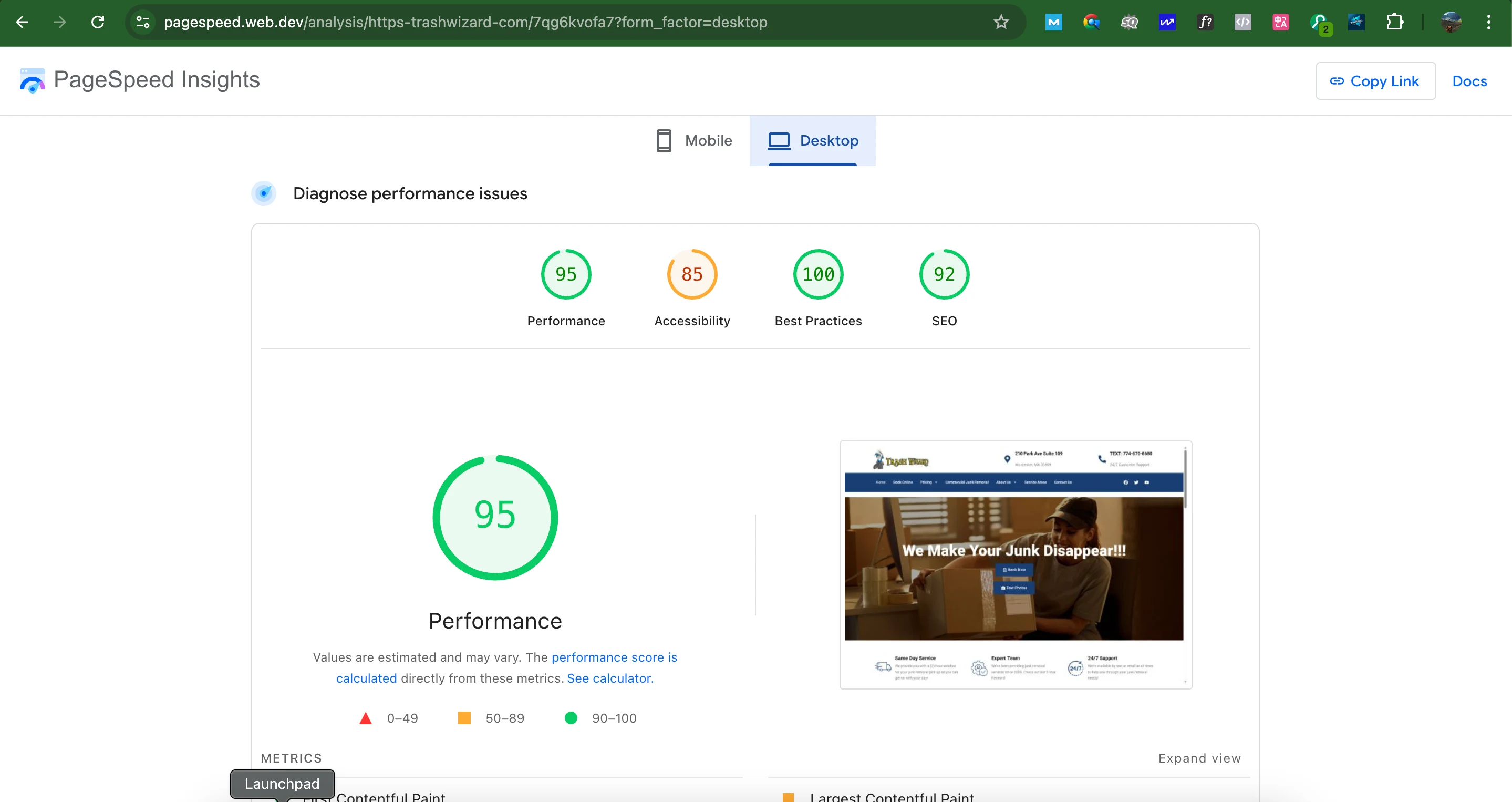 Loading speed of desktop version trashwizard.com