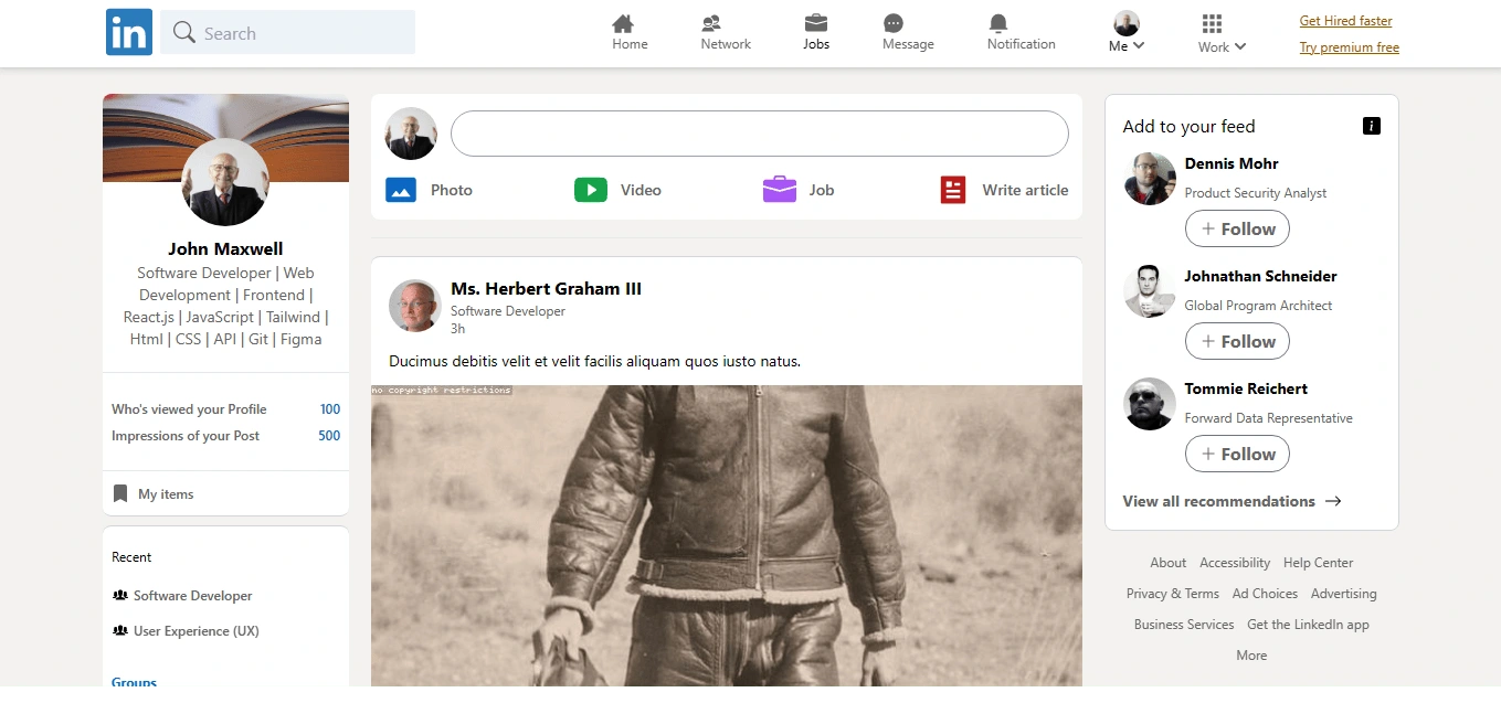 Preview of the linkedIn home page