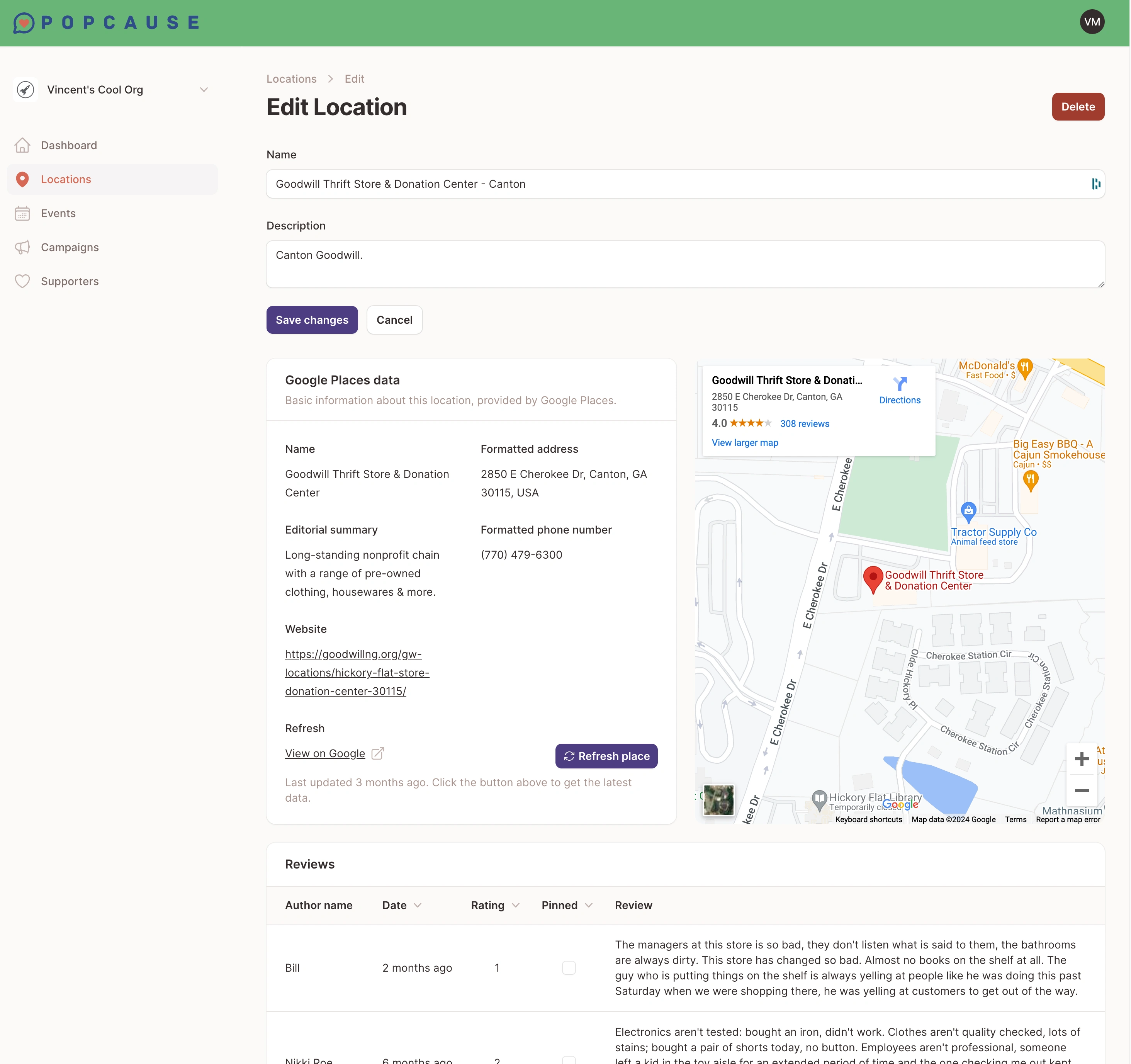 Editing a Location as an organizer