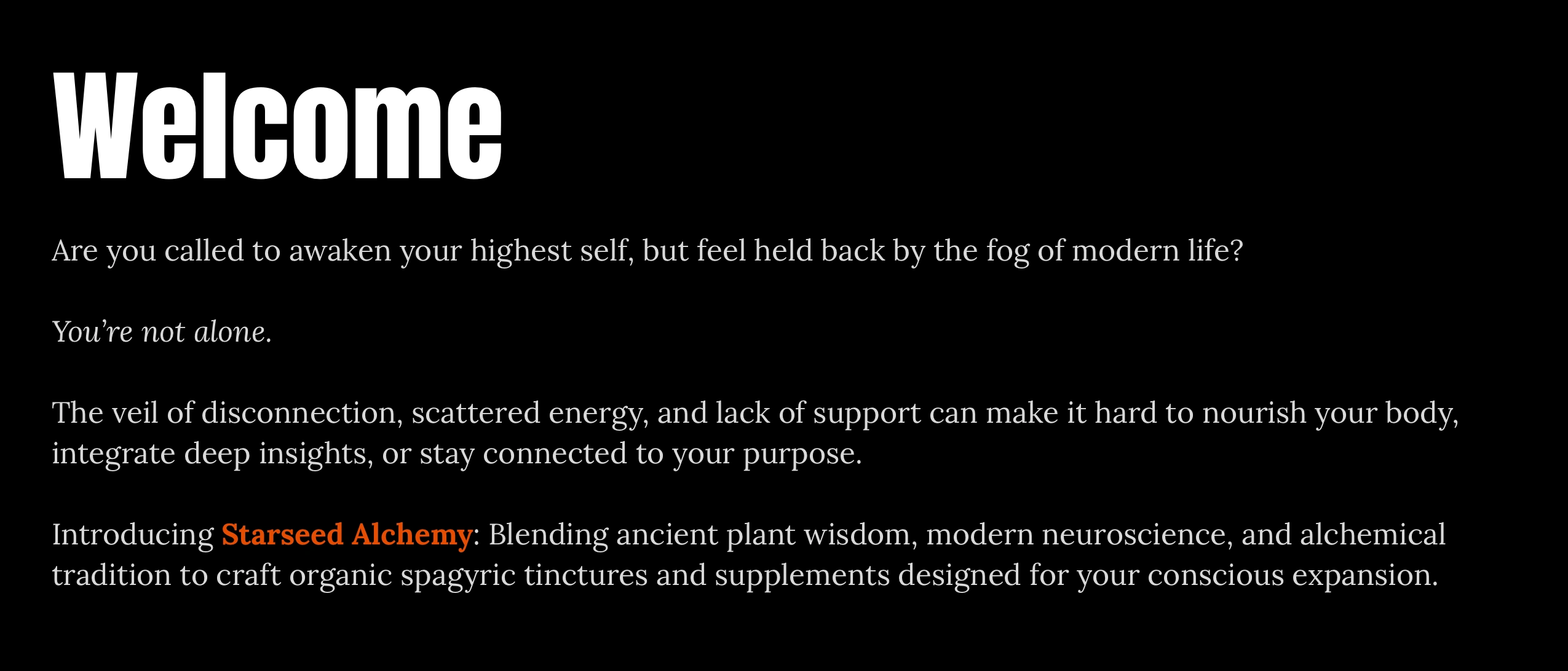 The introduction welcomes users and speaks to the target audience's problems, and introduces Starseed Alchemy.