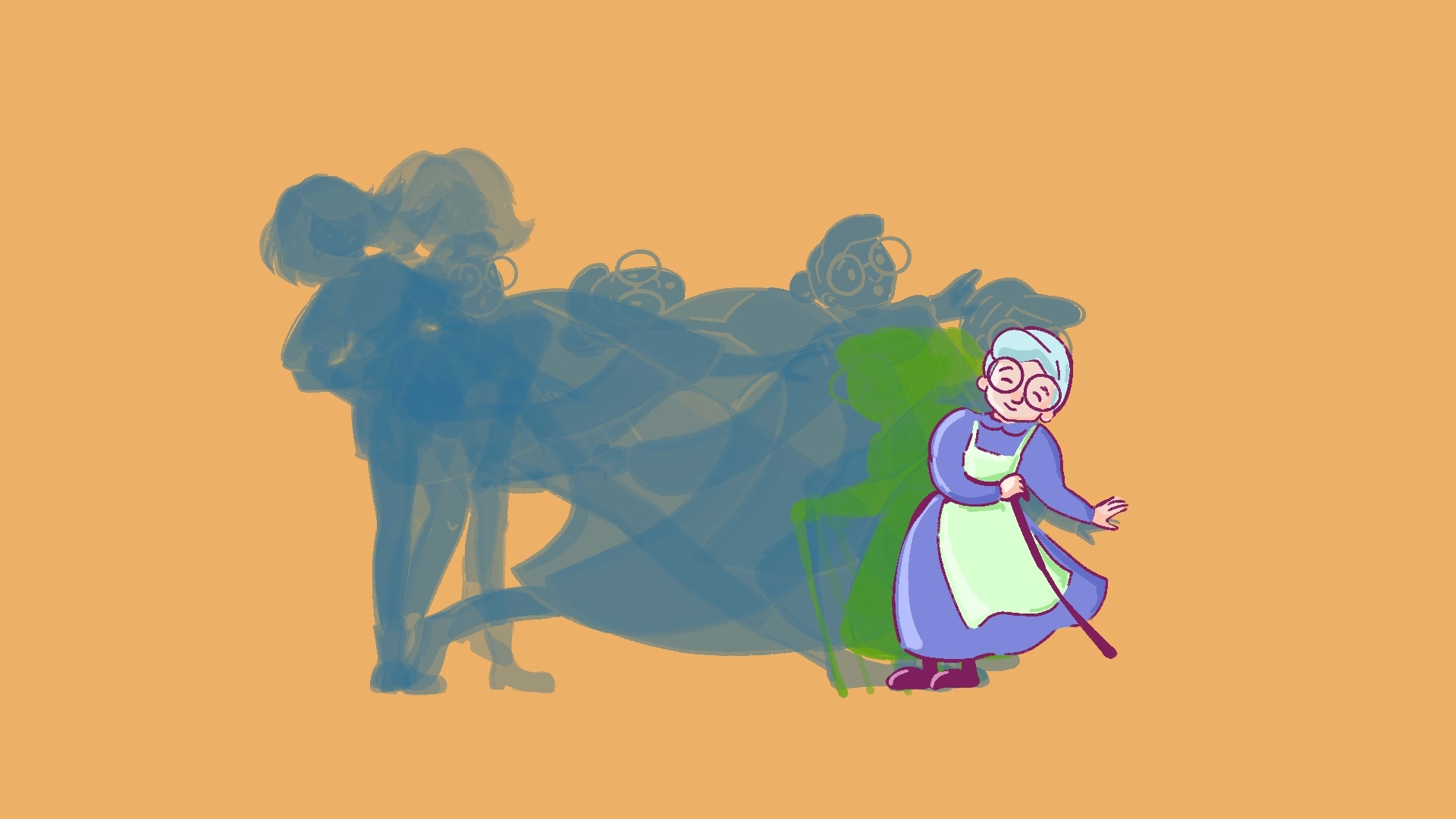 She smiles, now a gentle, silver-haired lady