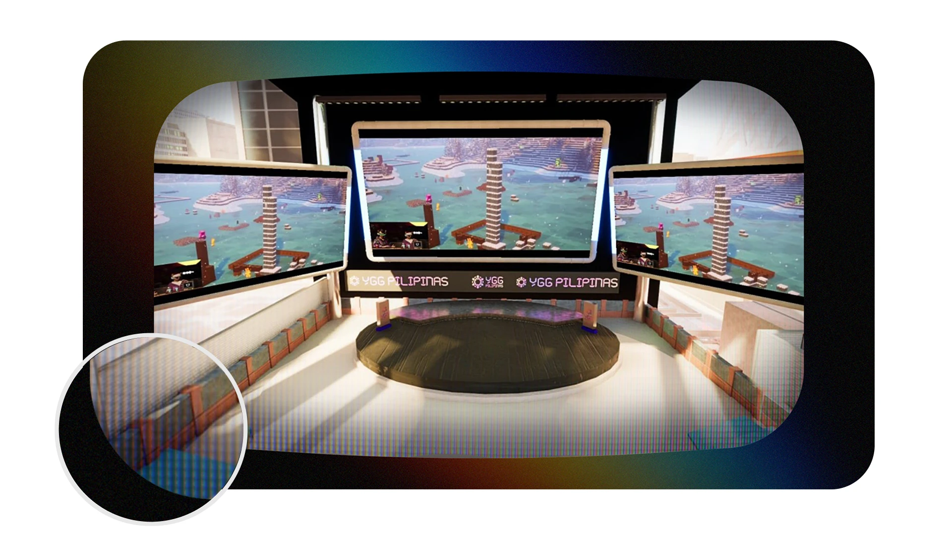 The retro TV screen shape is used as a masking element for social media posts that include 16:9 images or videos.
