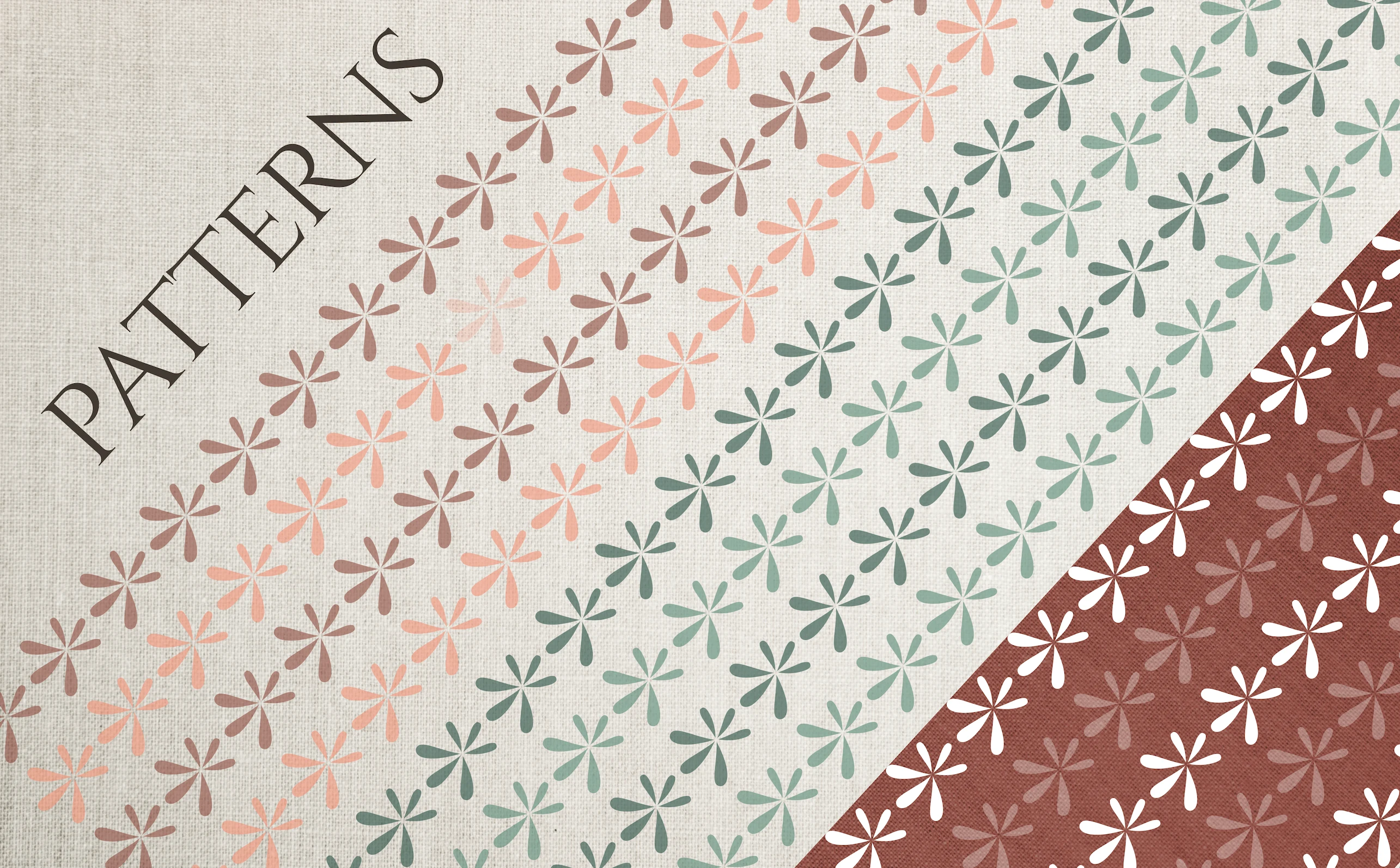 Patterns: The flower-like logomark is utilized to create repetitive patterns in varying colors.