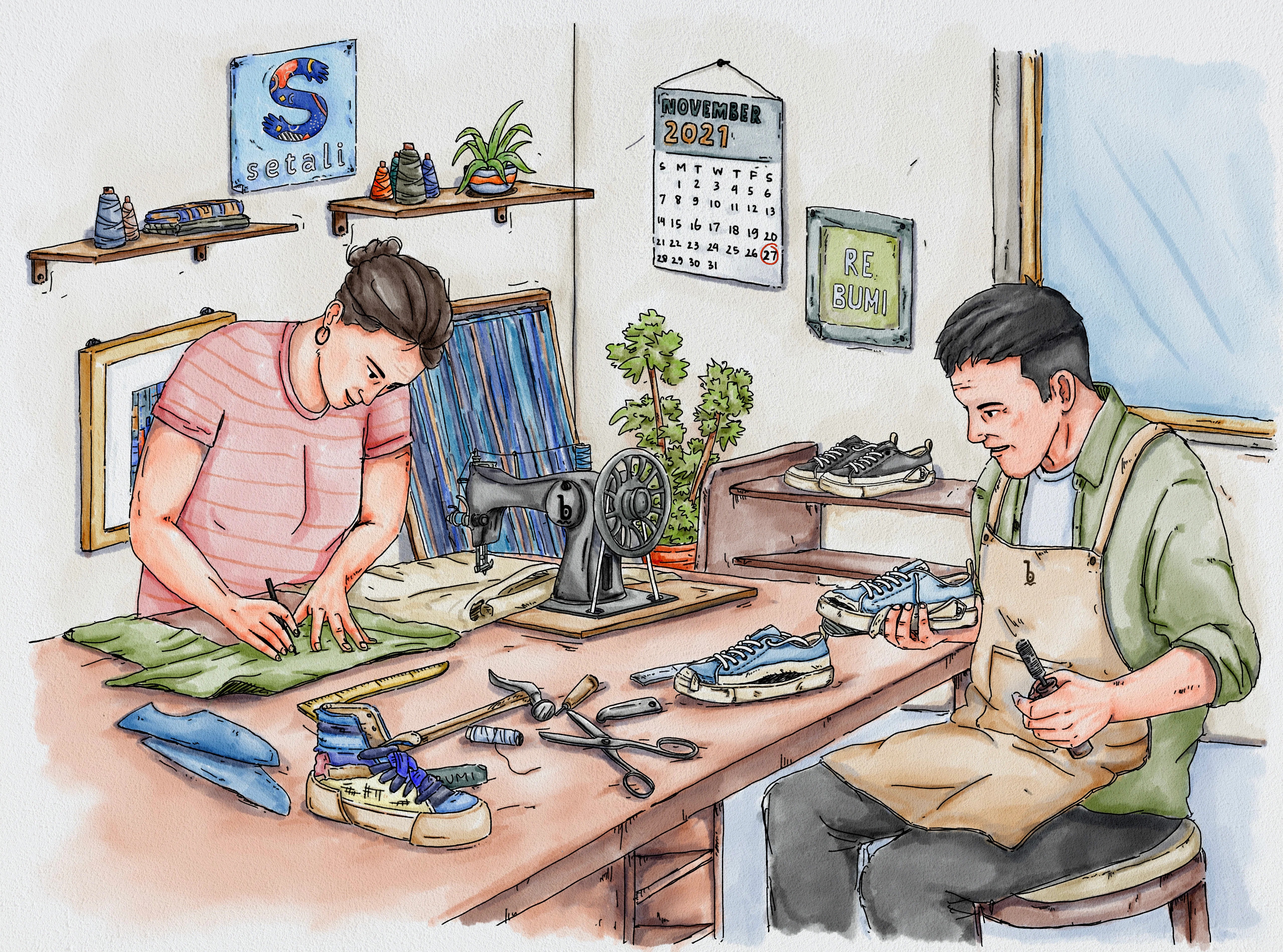This Illustration is about the craft man who working gently behind the brand. They are build and also repair the broken shoes from customer.